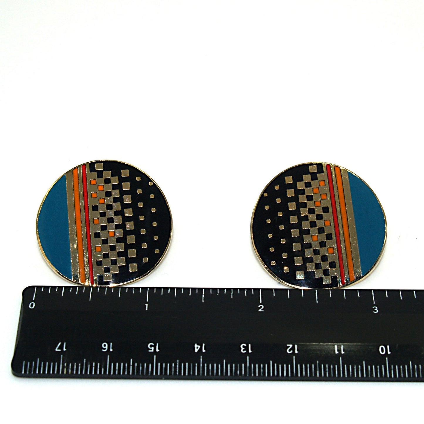 Laurel Burch "RAJI" Post Earrings, Round Enamel Cloisonne, Geometric Design