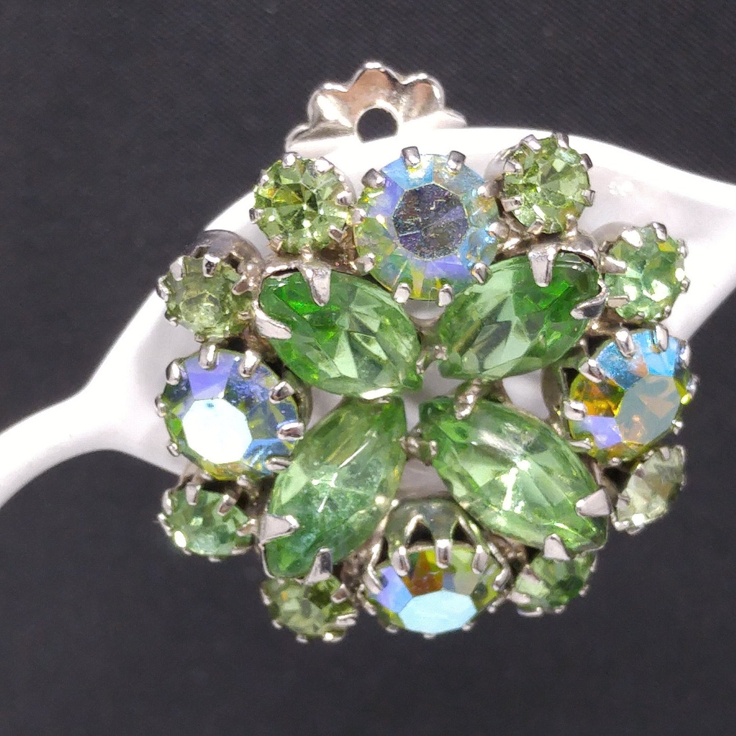 Weiss Peridot Green Rhinestone Clip Earrings, Rhodium Plated, 1960s Vintage Jewelry