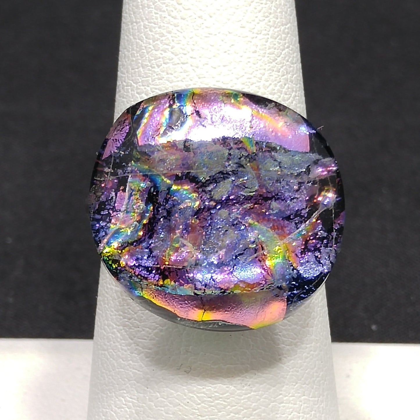 Sterling Silver Dichroic Glass Ring – Adjustable Size 8 – 1960s Vintage Jewelry