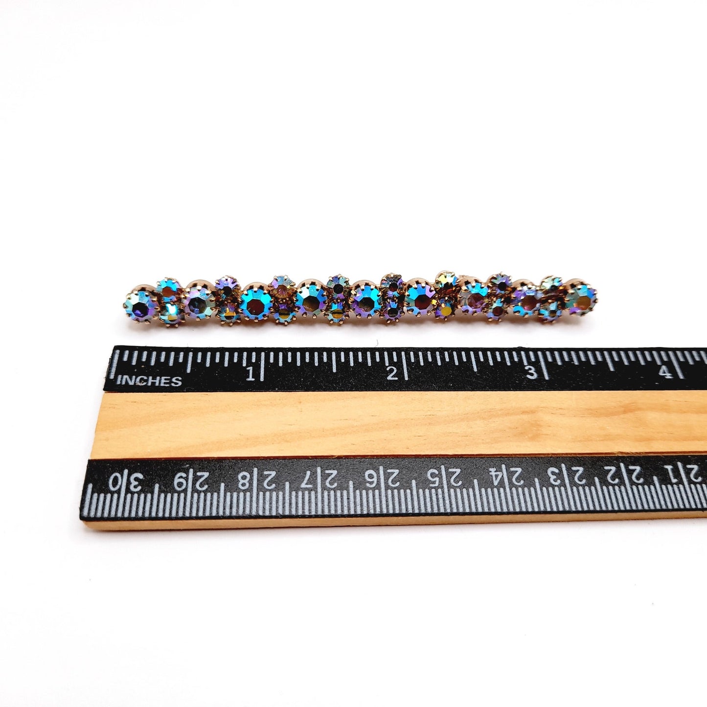 Vintage Aurora Borealis Rhinestone Bar Pin, Gold Plated Backing, Prong Set, 3 1/2 Inch