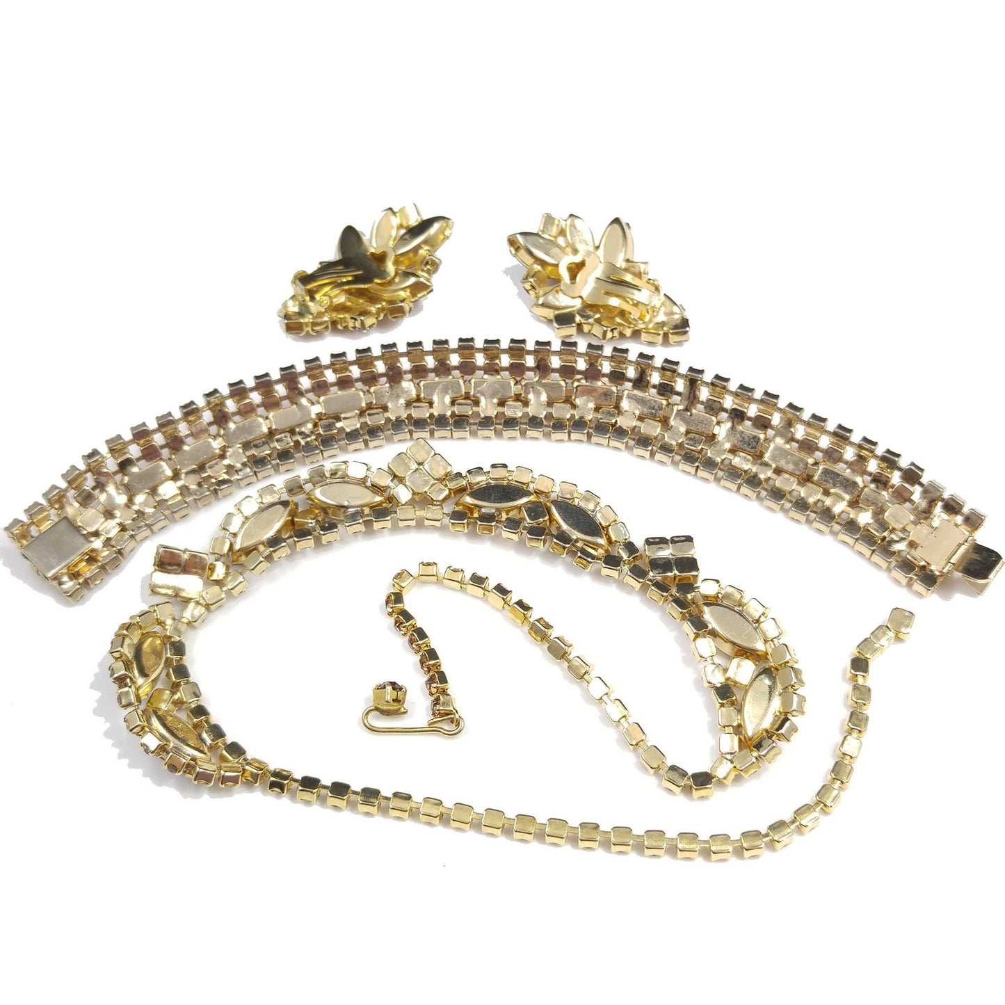 Vintage Rhinestone Jewelry Set: Necklace Bracelet Earrings, 1960s