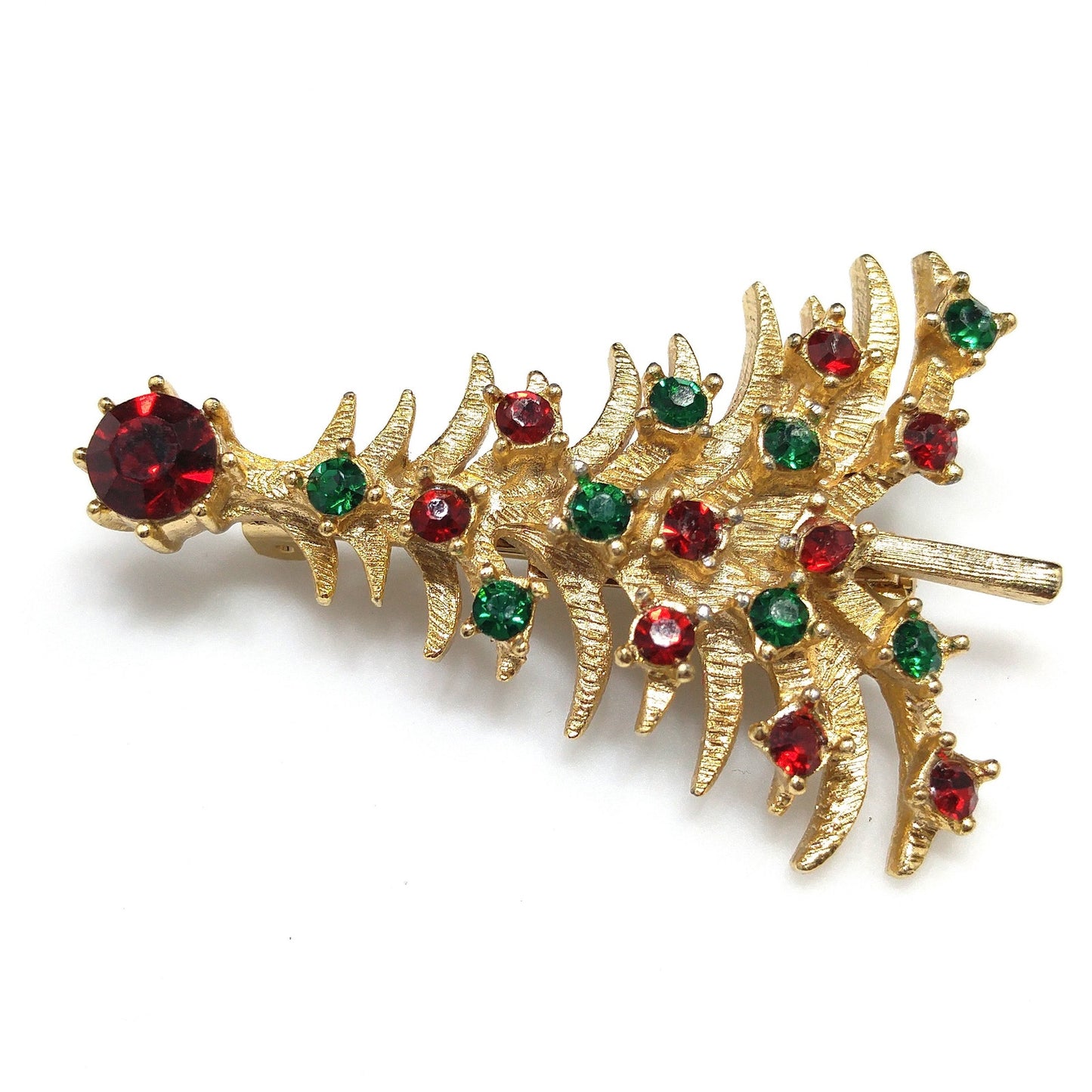 Vintage Christmas Tree Brooch – 1950s 1960s Gold-Plated Holiday Pin with Red & Green Rhinestones