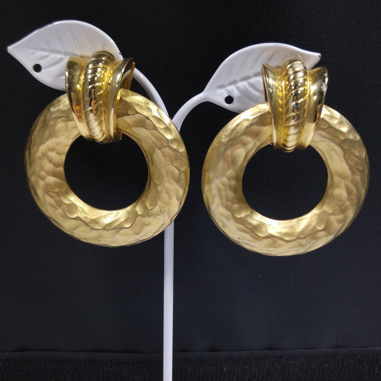Edwin Pearl Large Runway Post Earrings, Hammered Gold Plate, 1980s Vintage Jewelry