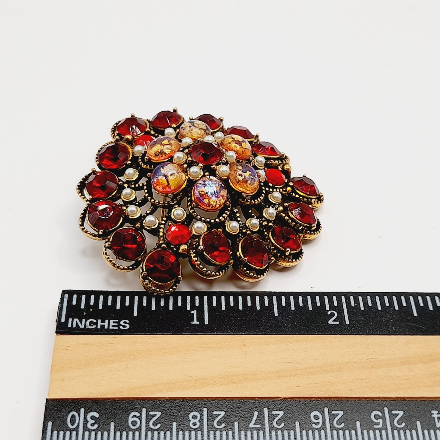 Hollycraft Vintage Red Rhinestone Cabochon Brooch, Faux Pearls, 1950s