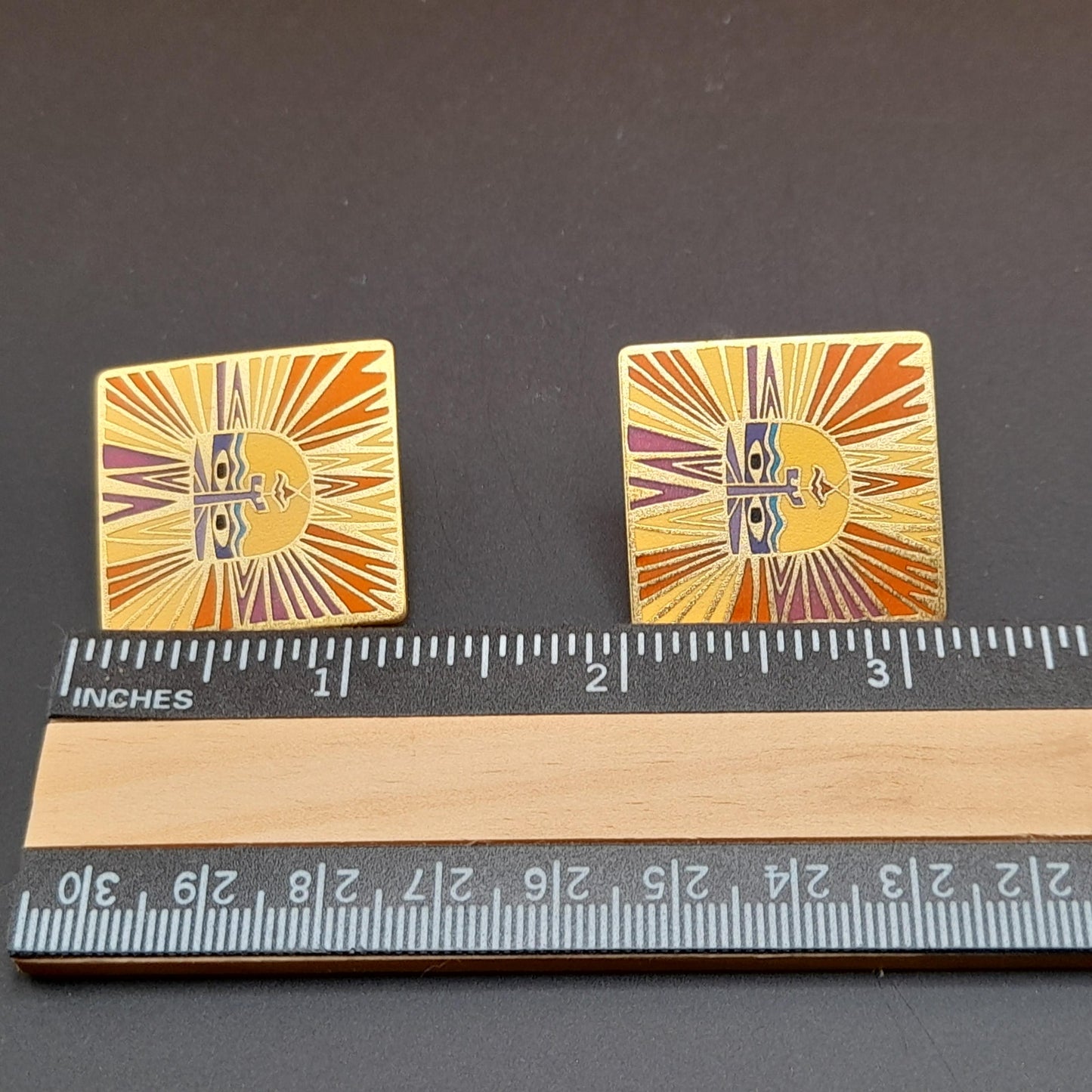 Laurel Burch "Sun Goddess" Clip Earrings, Satin Gold Plated Finish, Cloisonne Enamel, 1980s Vintage Jewelry