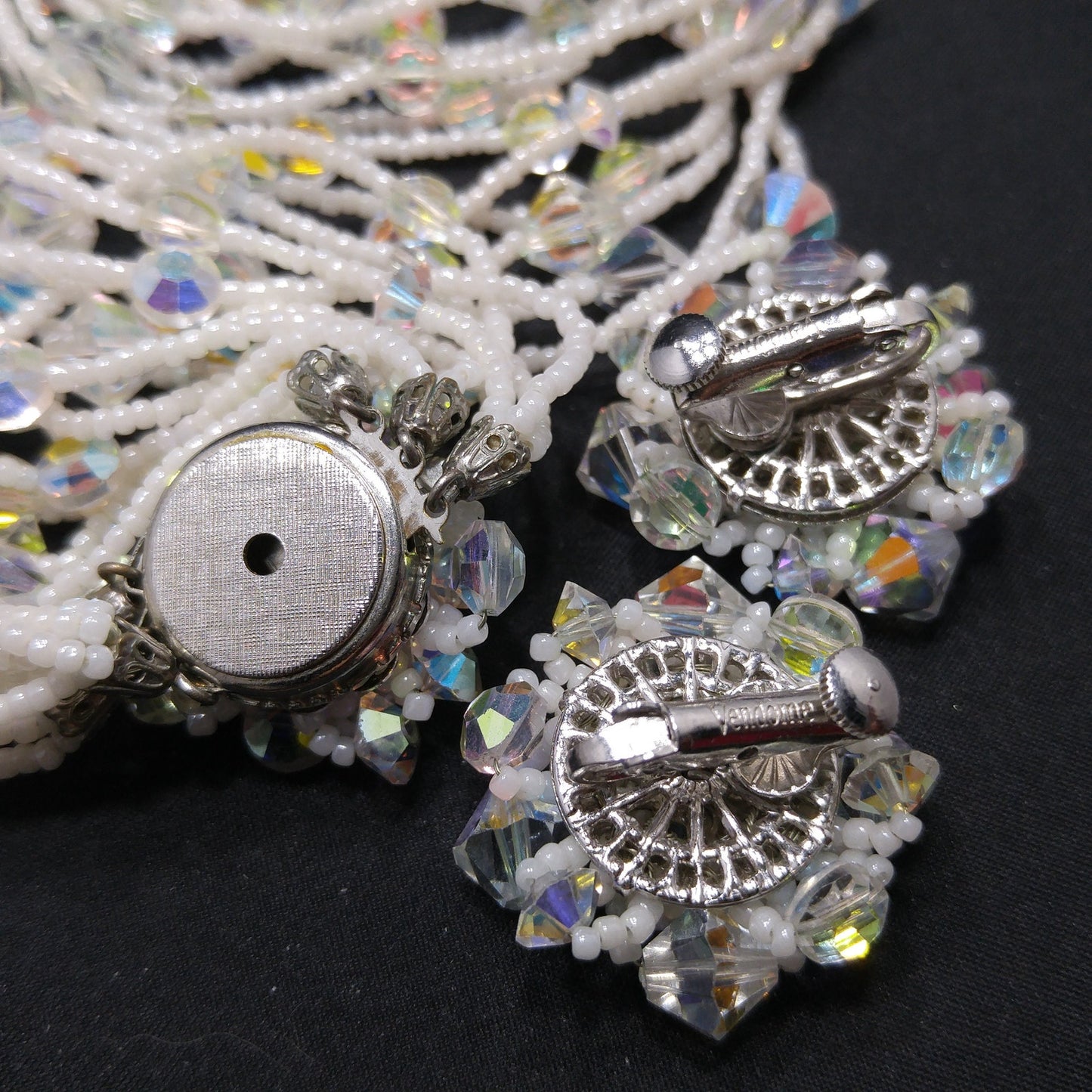 Vendome 1960s AB Crystal White Seed Bead Necklace Earrings Set Vintage