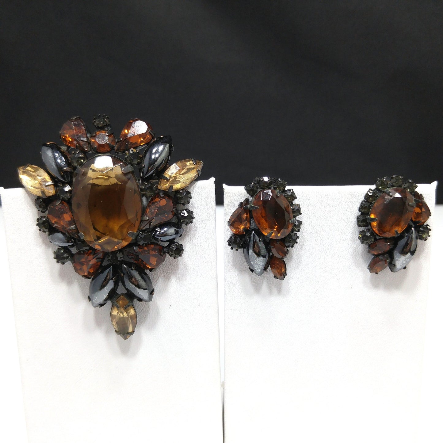 Vintage Weiss Japanned Topaz Rhinestone Brooch & Earrings