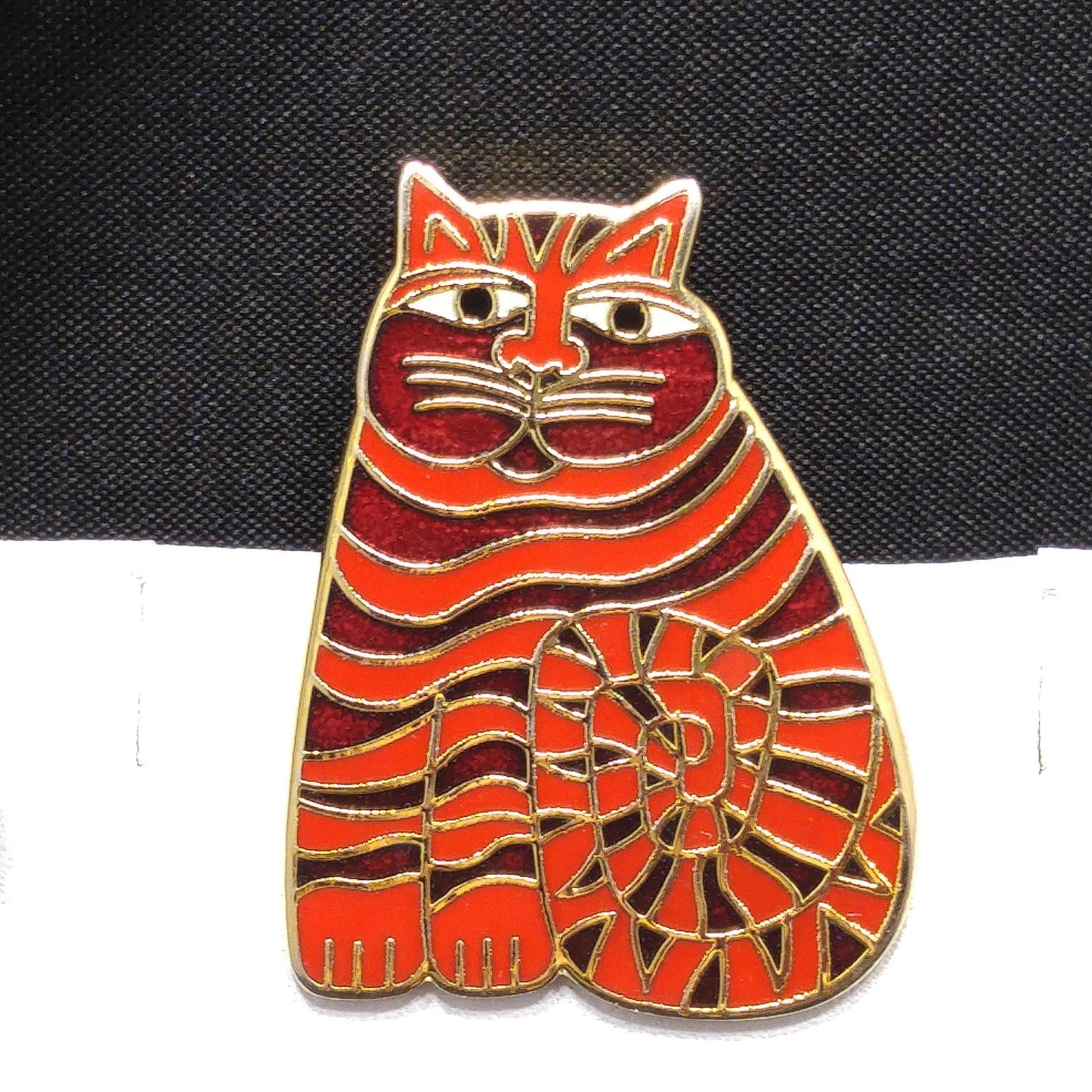 Laurel Burch "Shambala" Red Cat Brooch & Earrings, Gold Plated Cloisonné Enamel, 1980s Vintage Jewelry
