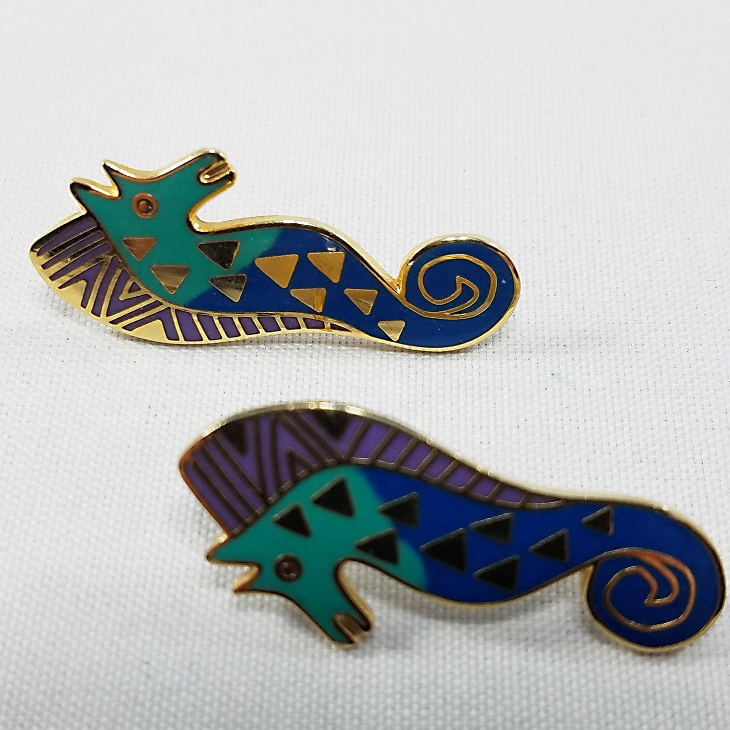 Vintage Laurel Burch "Sea Stallion" Post Earrings Teal Lavender & Gold SEA HORSE