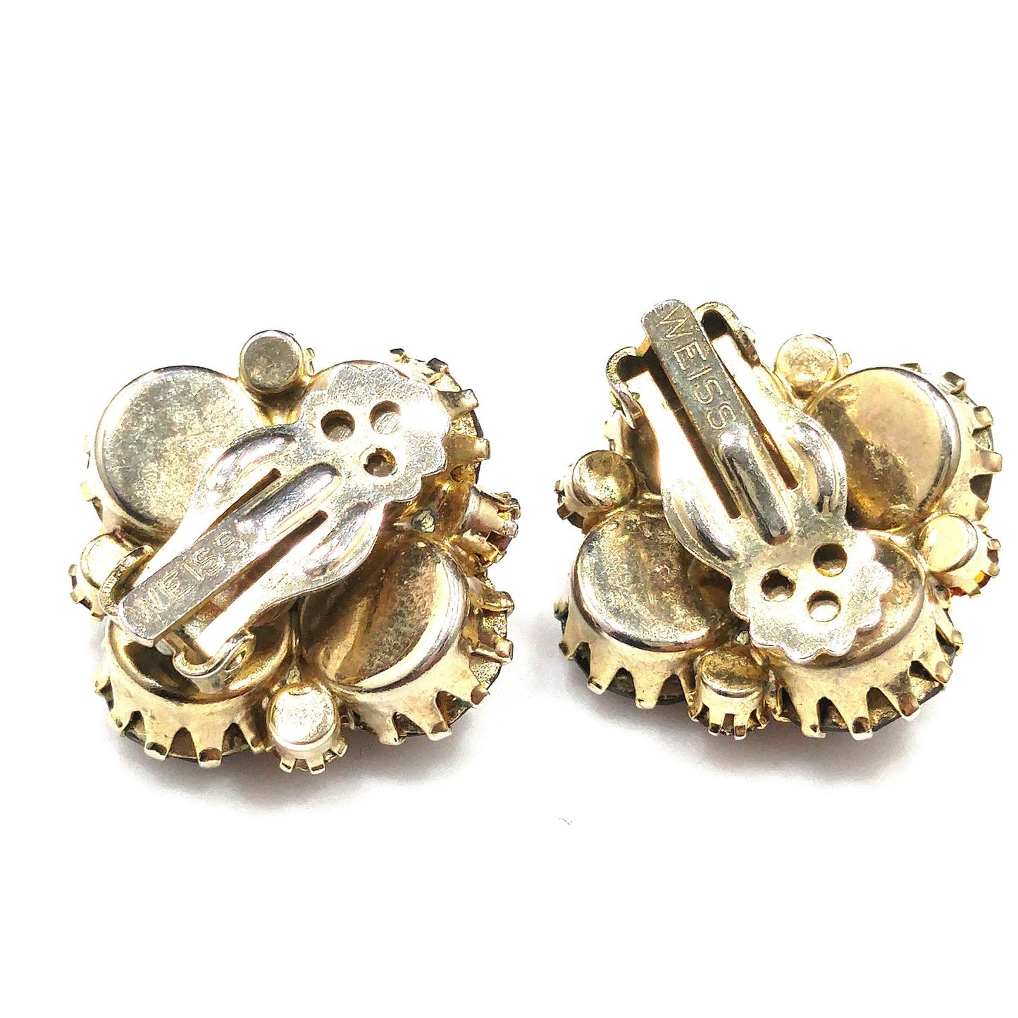 Weiss Topaz Rootbeer Rhinestone Clip Earrings, Gold Plated, Floral Design, 1960s Vintage