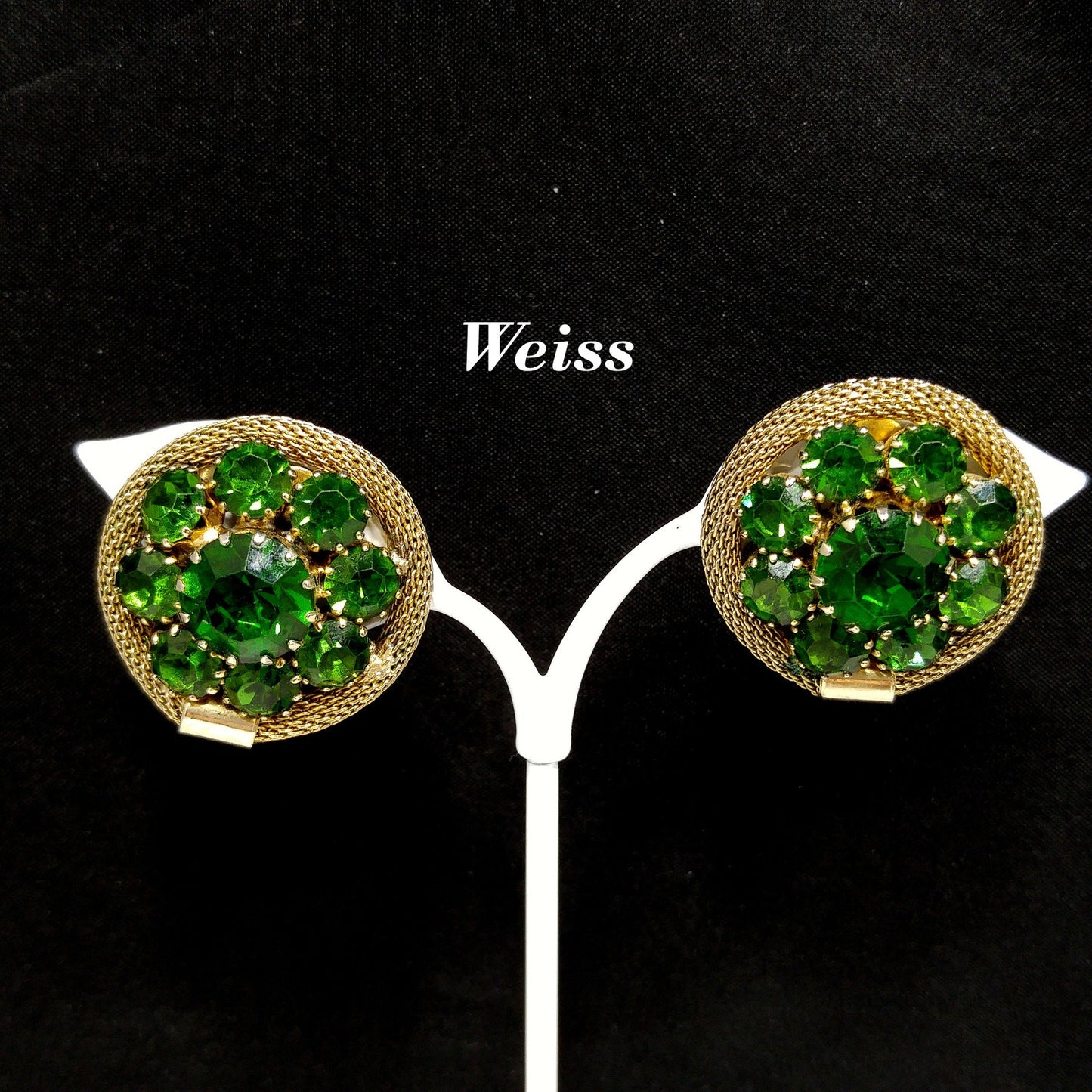 Weiss Green Rhinestone Gold Mesh Earrings, Emerald Green, Gold Plated, 1950s Vintage Jewelry