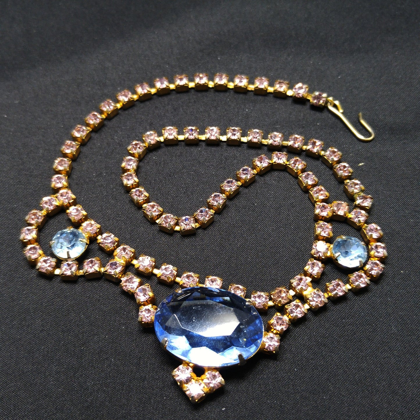 Large Blue & Pink Rhinestone Necklace, Gold Plated, 1950s Vintage Jewelry