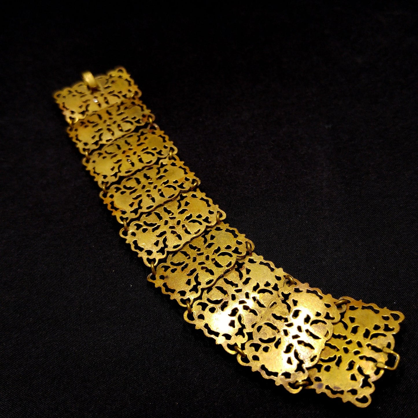 Vintage Filigree Topaz Glass Link Wide Bracelet, Built in Hook On Back, Antique 1920s Vintage Jewelry