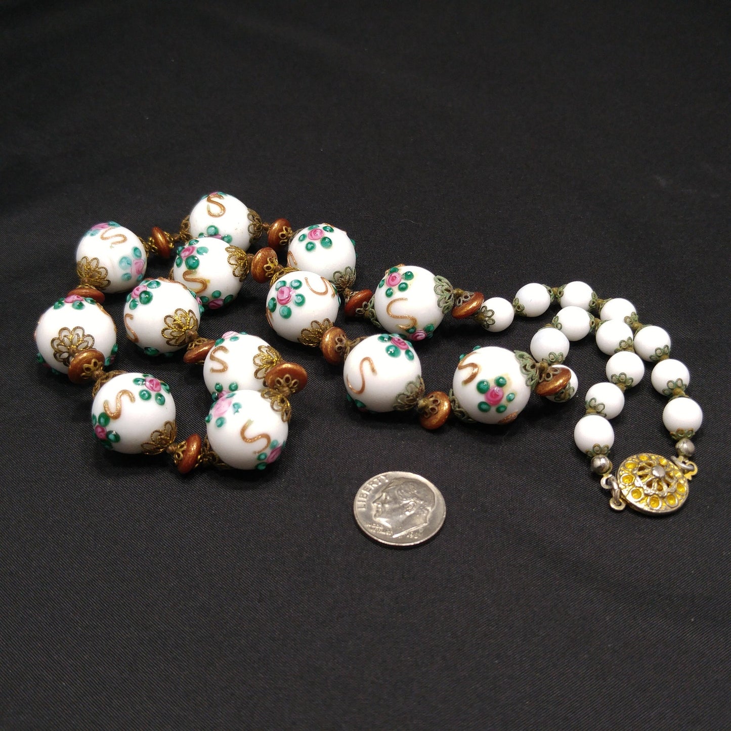 White Floral Lampwork Beaded Necklace, Hand Blown Glass, 1960s Vintage Jewelry