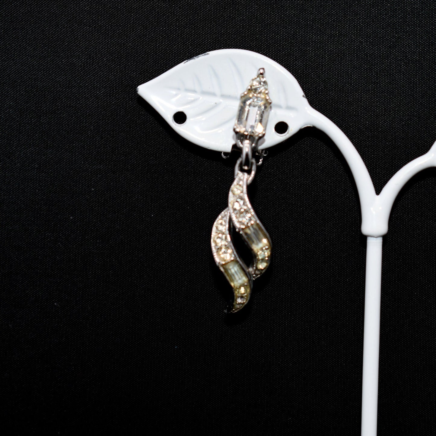 Bogoff Clear Rhinestone Clip Dangle Earrings, Rhodium Plated, Wedding Earrings, 1950s Vintage Jewelry