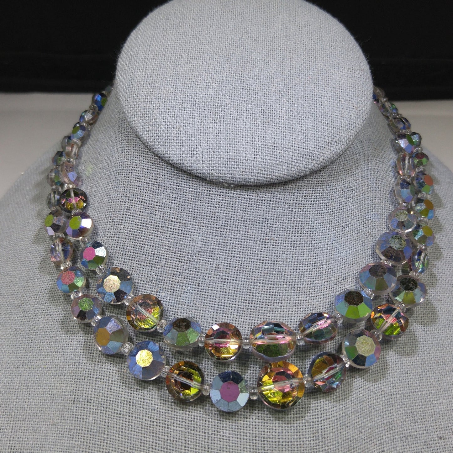 Rare Aurora Borealis Aspirin Bead Necklace, 2 Strands, Swarovski Crystal Beads, 1950s Vintage Jewelry