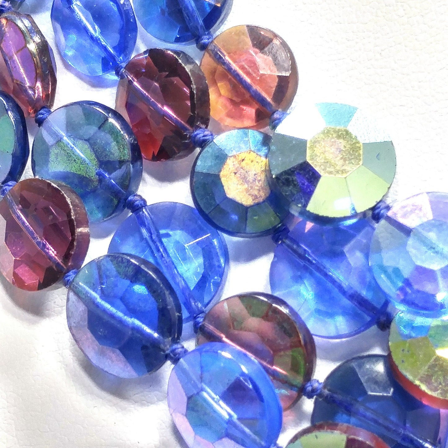 Blue Purple Aurora Borealis Necklace, Hand Knotted Four Strands, 1950s Vintage Jewelry