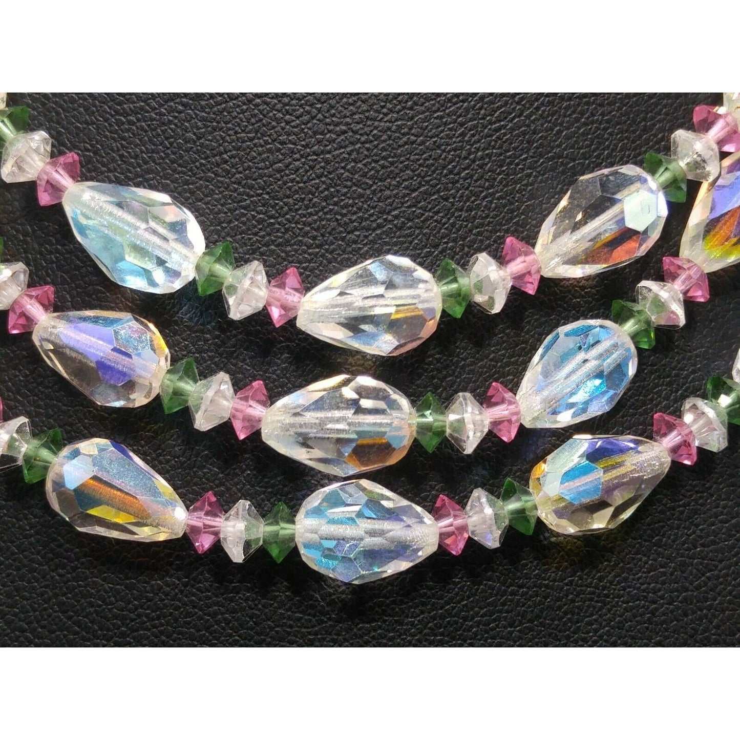 Vendome Crystal Aurora Borealis Pastel Beaded Necklace, 3 Strands Pink Green Crystal Beads, 1960s Vintage Jewelry