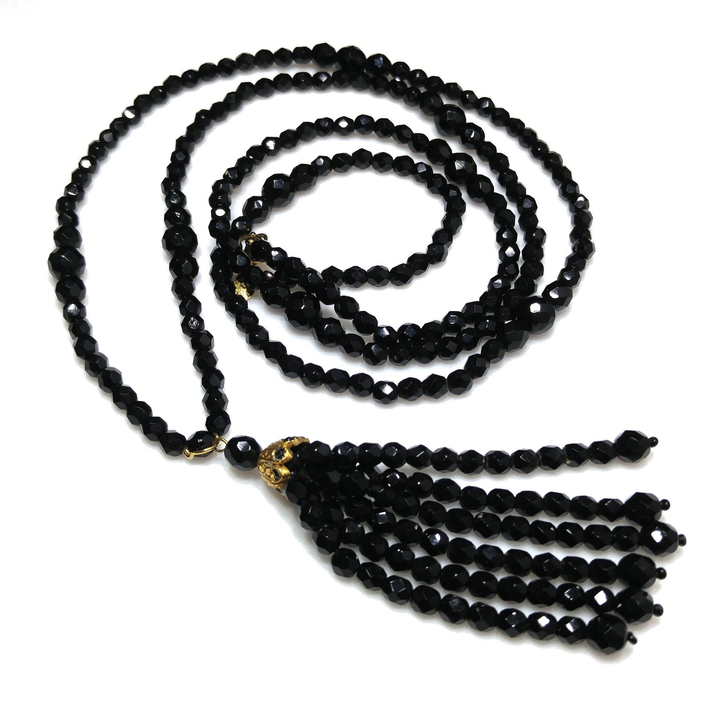 Robert Rose Black Crystal Beaded Tassel Necklace, 50 Inch, 1990s Vintage