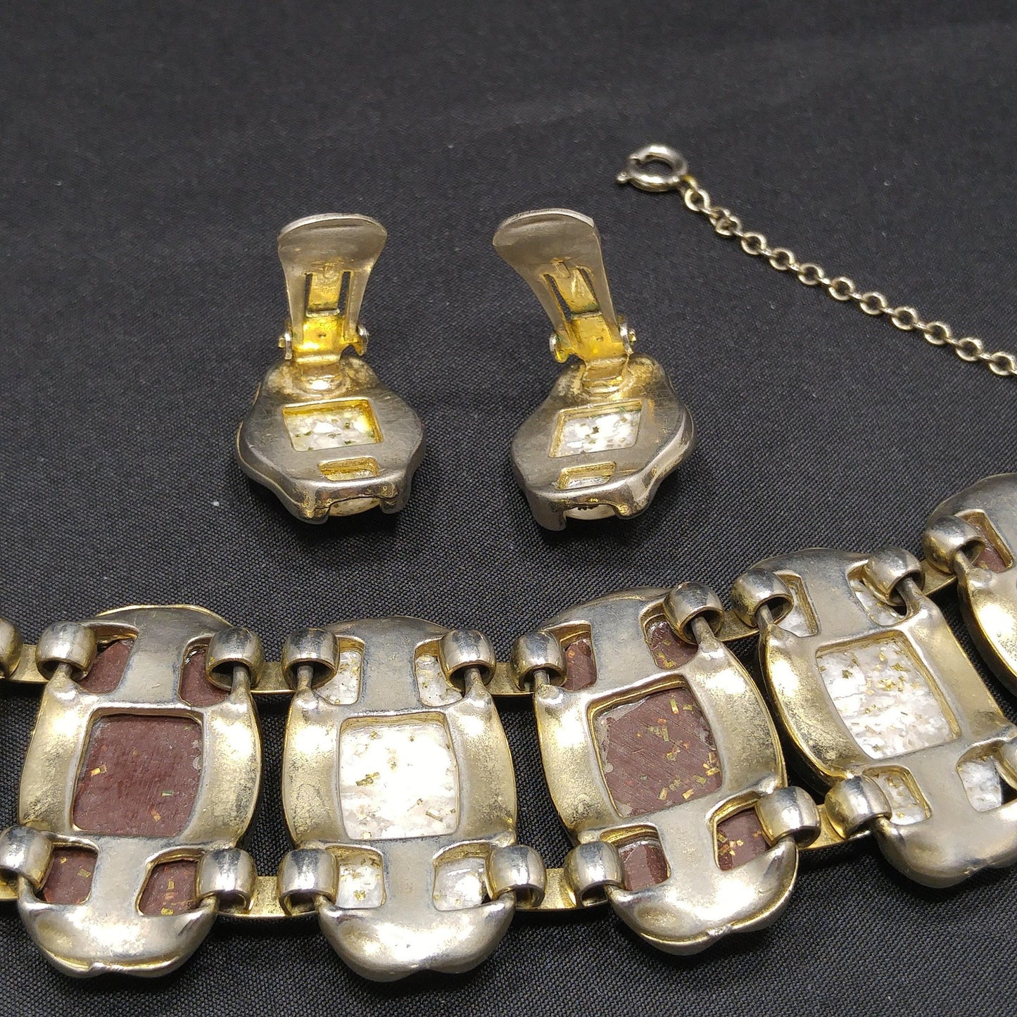 Lucite Confetti Cab Bracelet & Earrings, Gold Glitter Cabochons, 1950s Vintage Jewelry