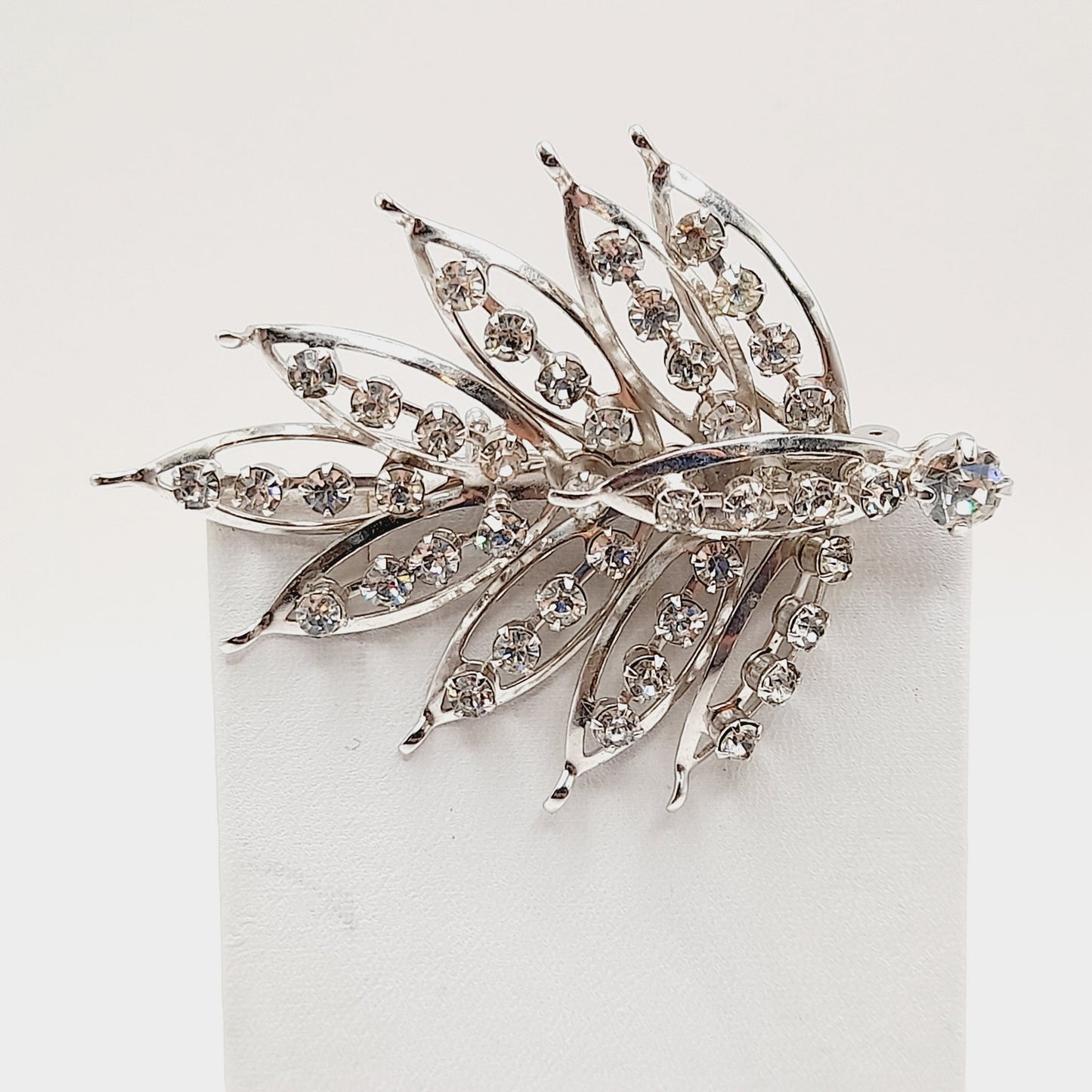 Vintage Clear Rhinestone Leaf Brooch Silver Tone Pin - 2 3/4 Inches Lightweight