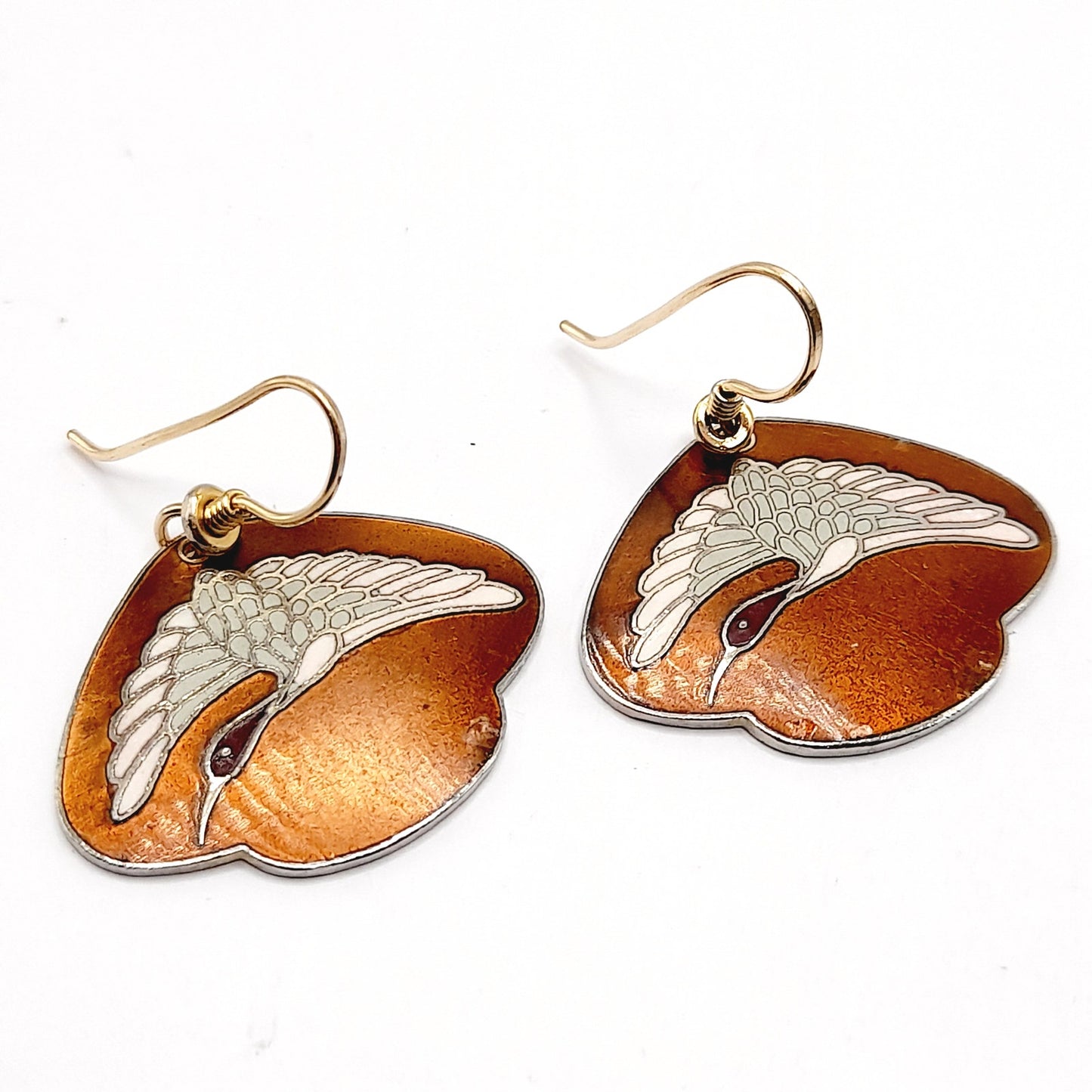 Laurel Burch White Crane Earrings, Vintage Enamel Bird Jewelry, Gold Plated Dangle Earrings, 1980s Artistic Statement Jewelry