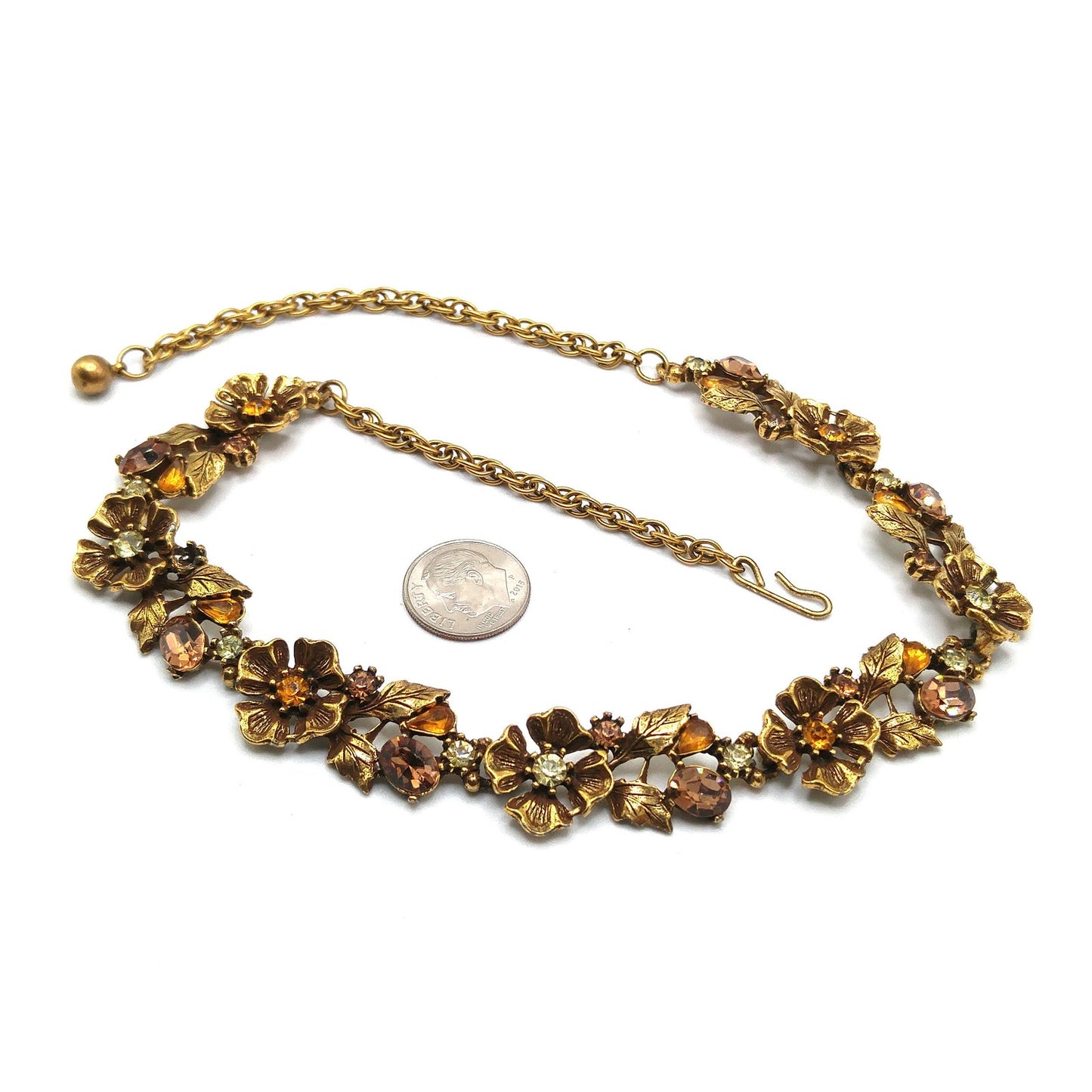 Topaz Rhinestone Floral Choker Necklace, Flower Links, 1960s Vintage Jewelry