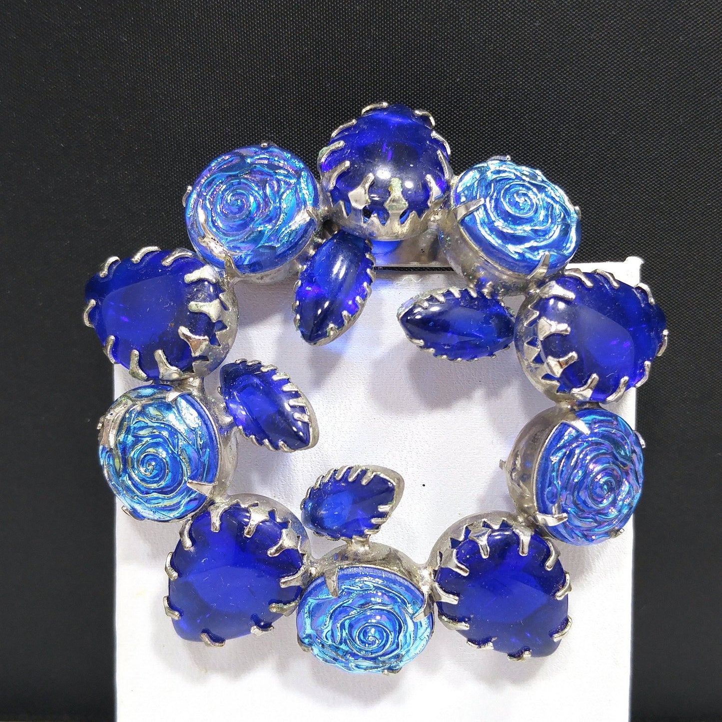 Cobalt Blue Iridescent Rose Wreath Brooch, Silver Tone, Prong Set Rhinestones, 1960s Vintage Jewelry