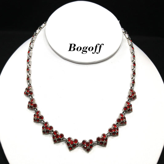Vintage Bogoff Heart Red Rhinestone Choker Necklace, Rhodium Plated, 1950s