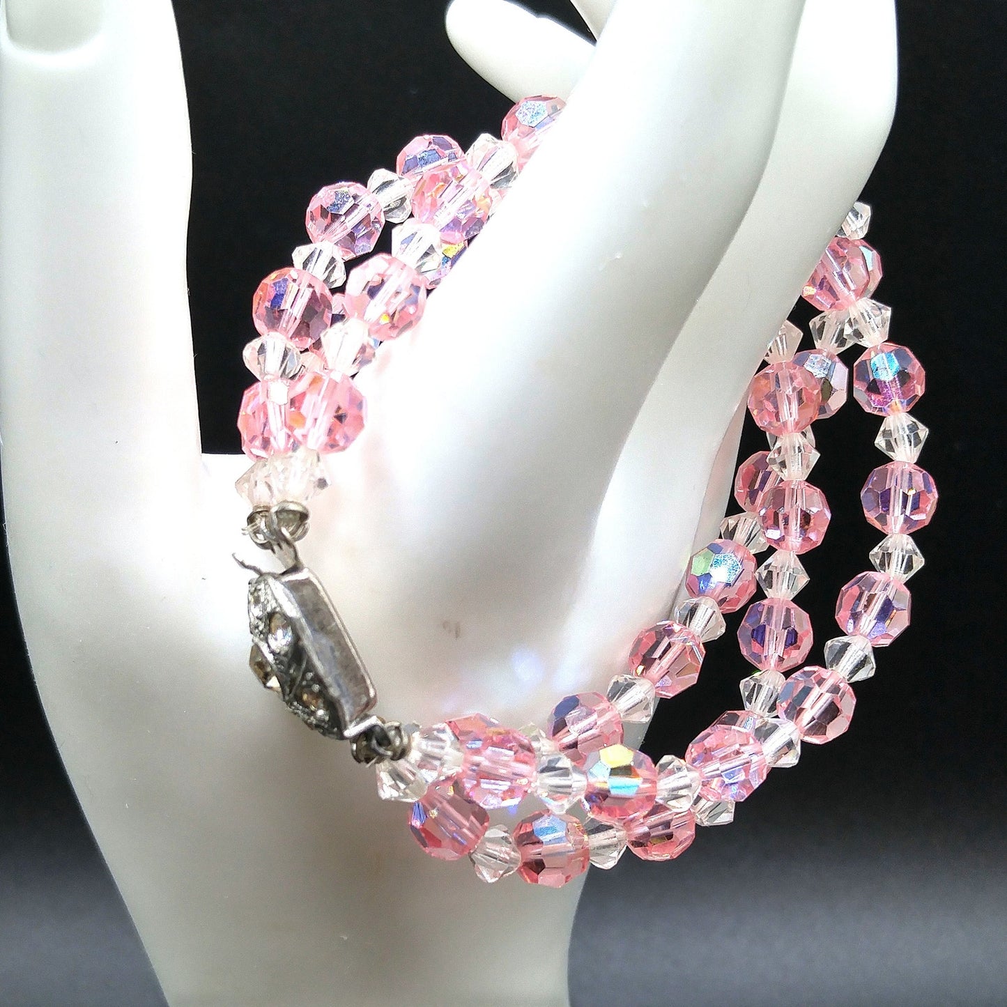 Pink Crystal Beaded Bracelet, Three Strands, Rhinestone Clasp, 1950s Vintage Jewelry