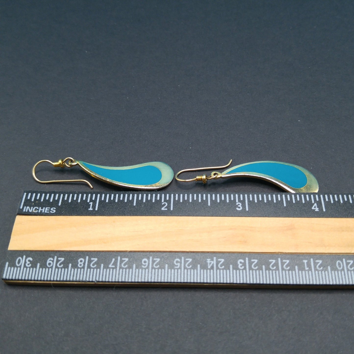 Vintage Laurel Burch Turquoise Drop Earrings, Curved Teardrop, Gold Plated