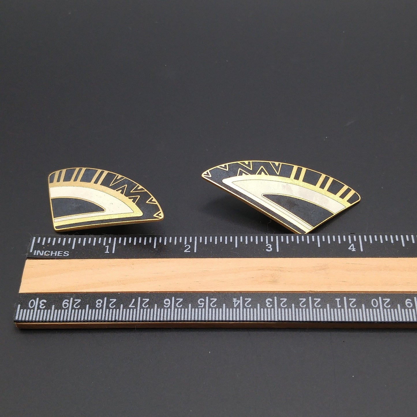 Laurel Burch Geometric Large Clip Earrings, Black White Enamel, Gold Plated, 1990s Vintage Jewelry