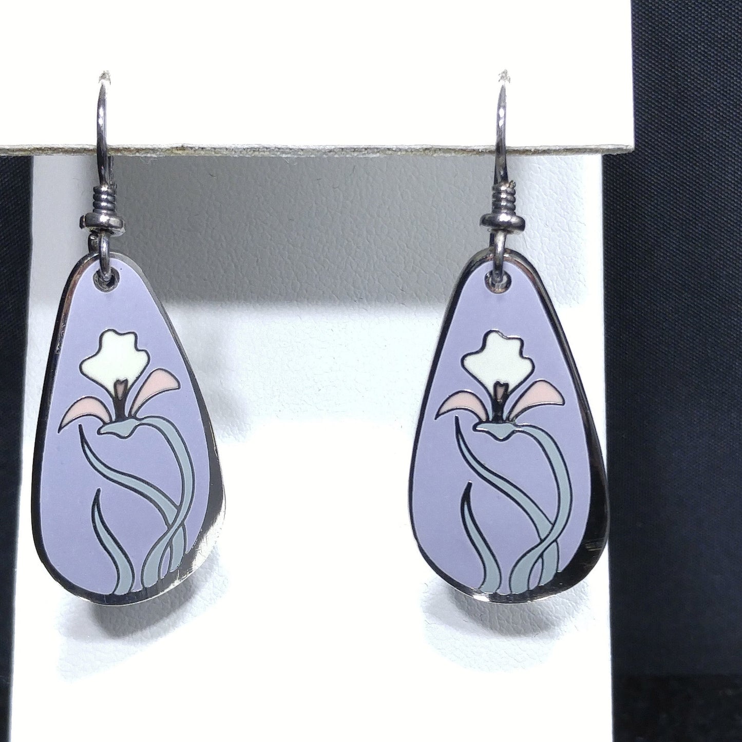 Laurel Burch "Wild Iris" Cloisonne Earrings, Enamel in Lavender White & Pink