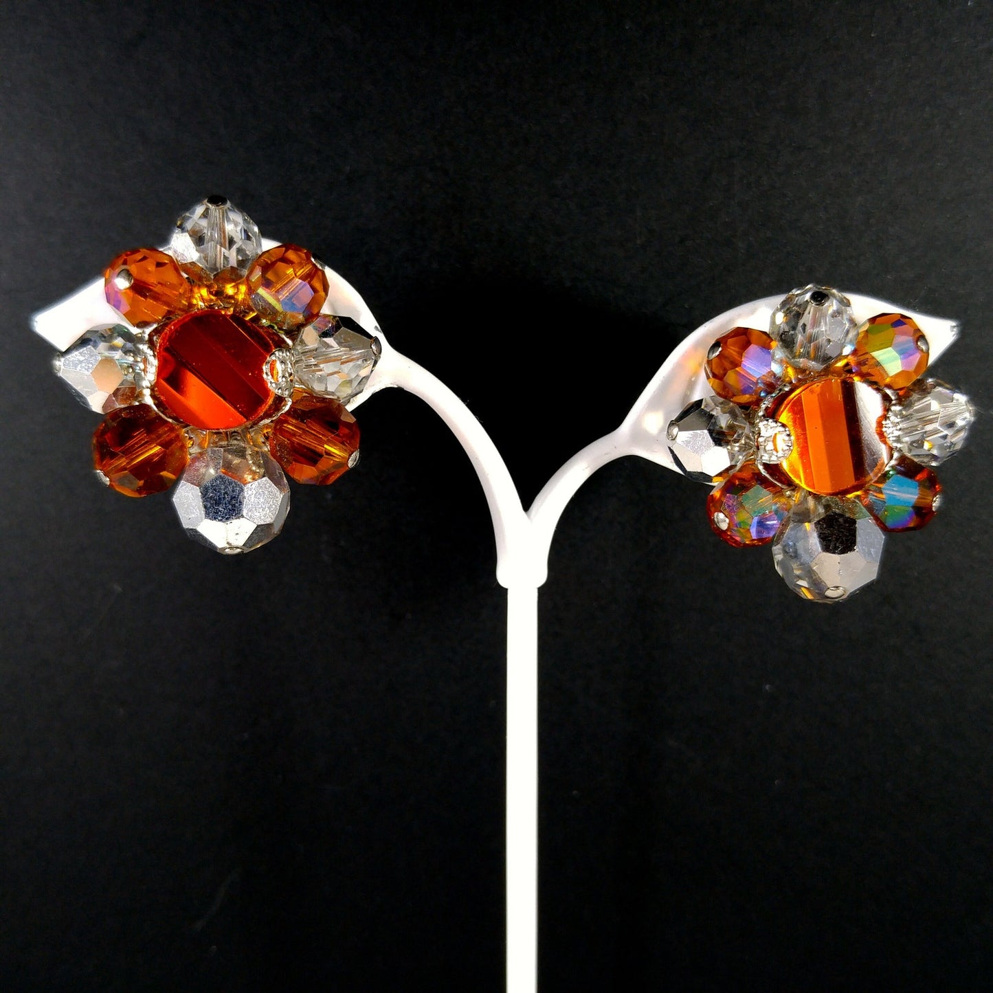 Vendome Beaded Clip Earrings, Orange Silver Clear Crystal Beads, 1960s Vintage Jewelry