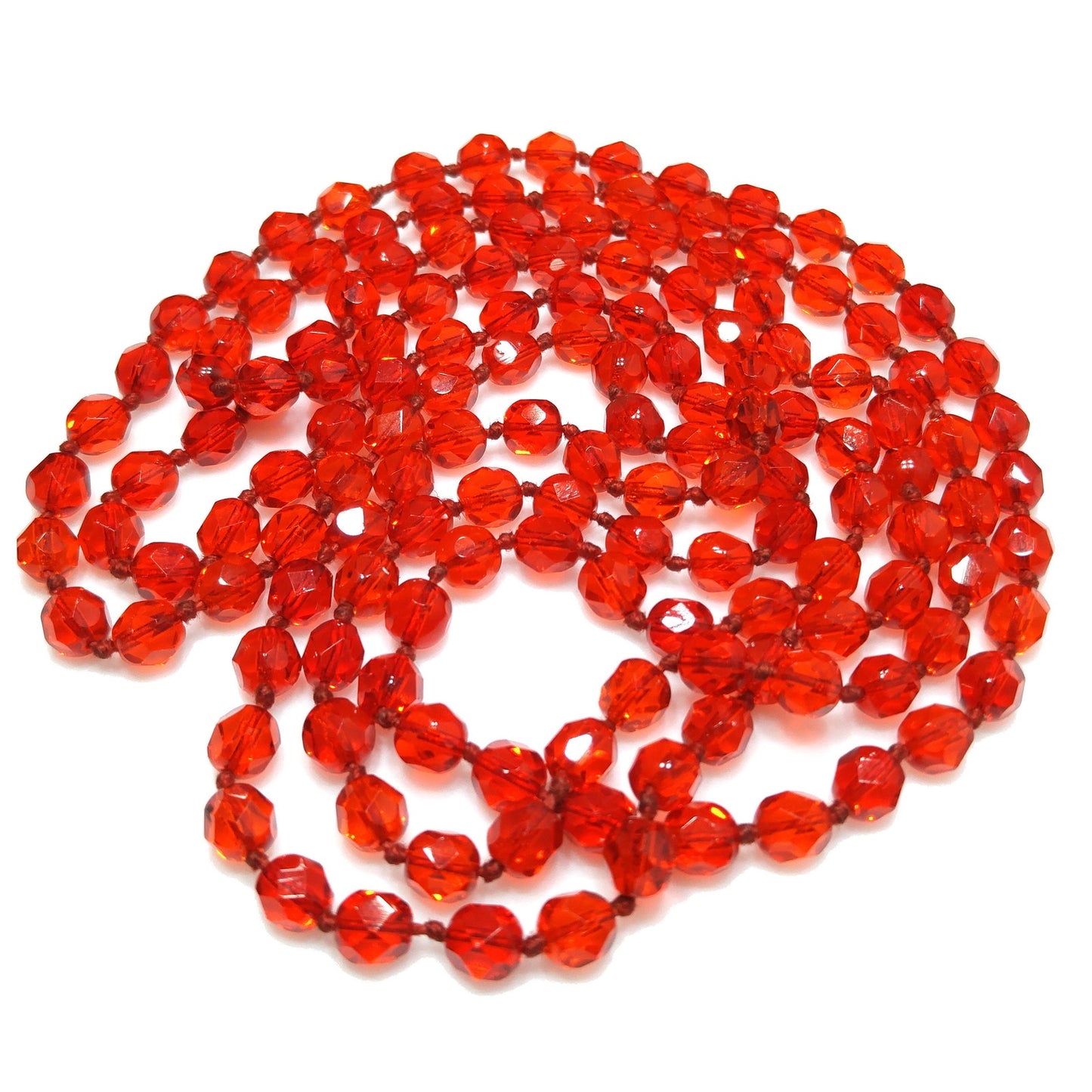 Vintage Red Crystal Hand Knotted Long Necklace, 62 Inches, No Clasp, 1960s Vintage Jewelry