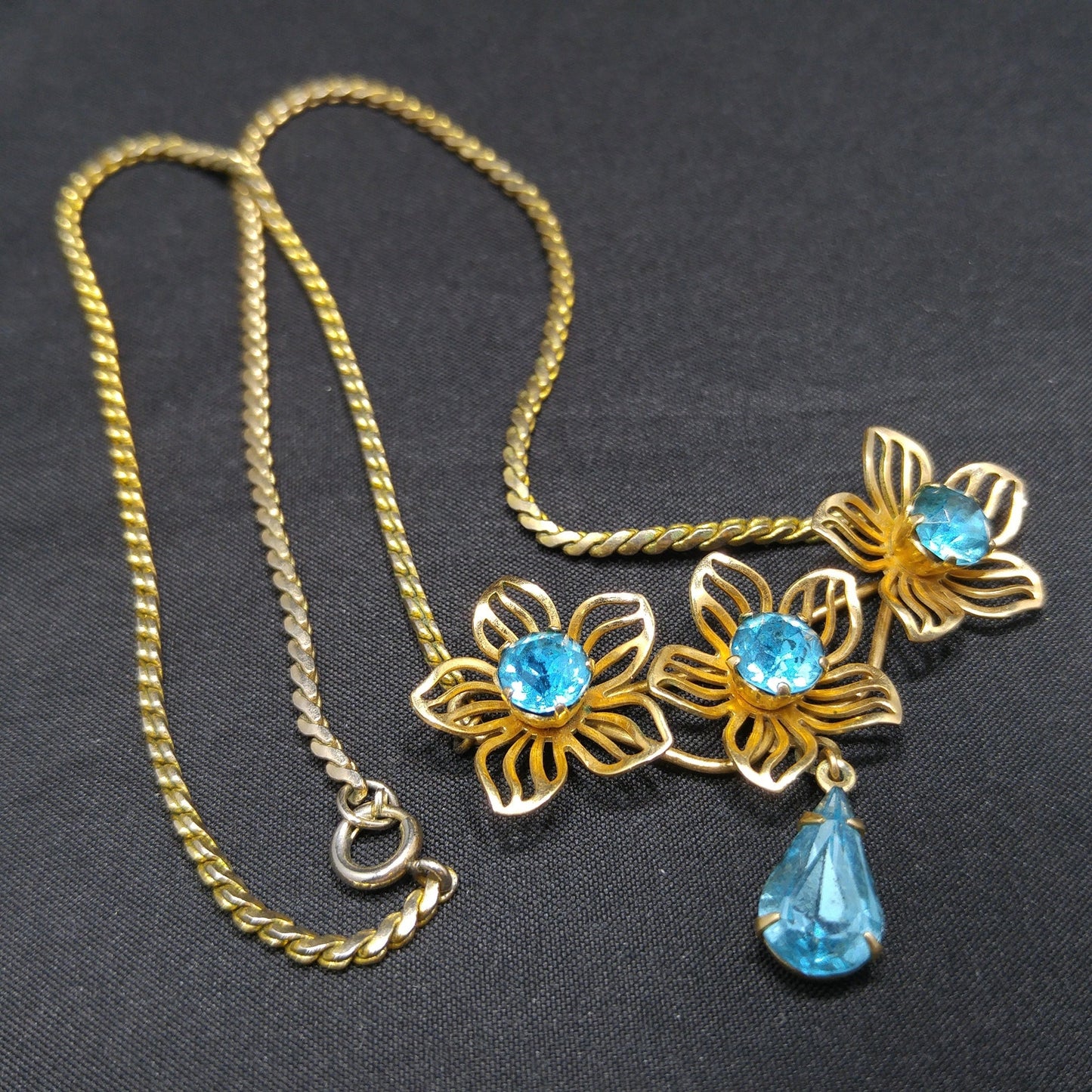 Van Dell Turquoise Rhinestone Necklace, 12K Gold Filled, 1940s Vintage Jewelry