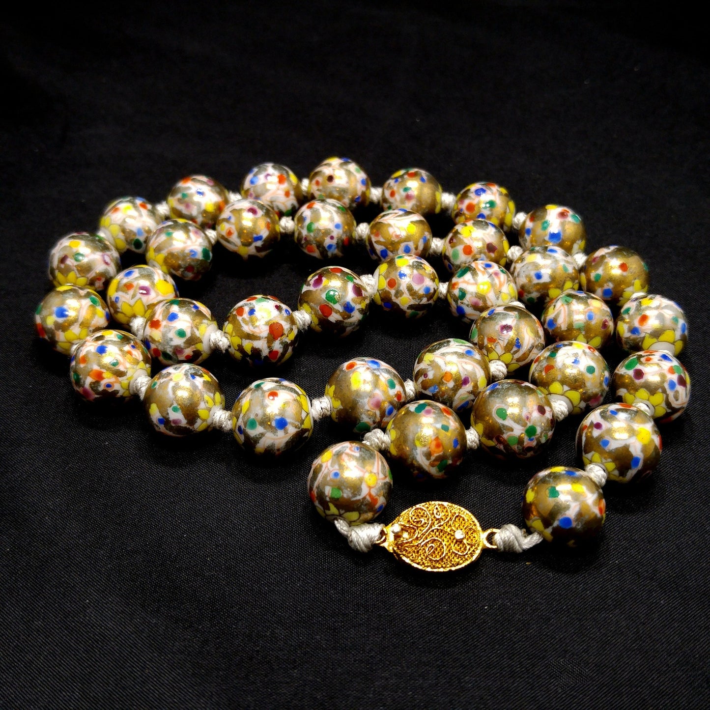 Vintage Chinese Hand Knotted Beaded Necklace, Hand Painted Floral Beads, 1940s Vintage Jewelry