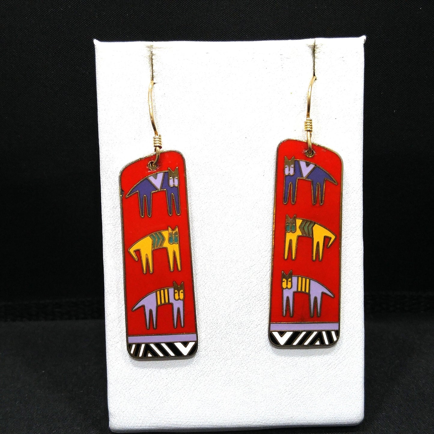 Laurel Burch "Hieroglyphic" Cats, Cloisonne Red Enamel, Gold Plated, 1980s Vintage Jewelry