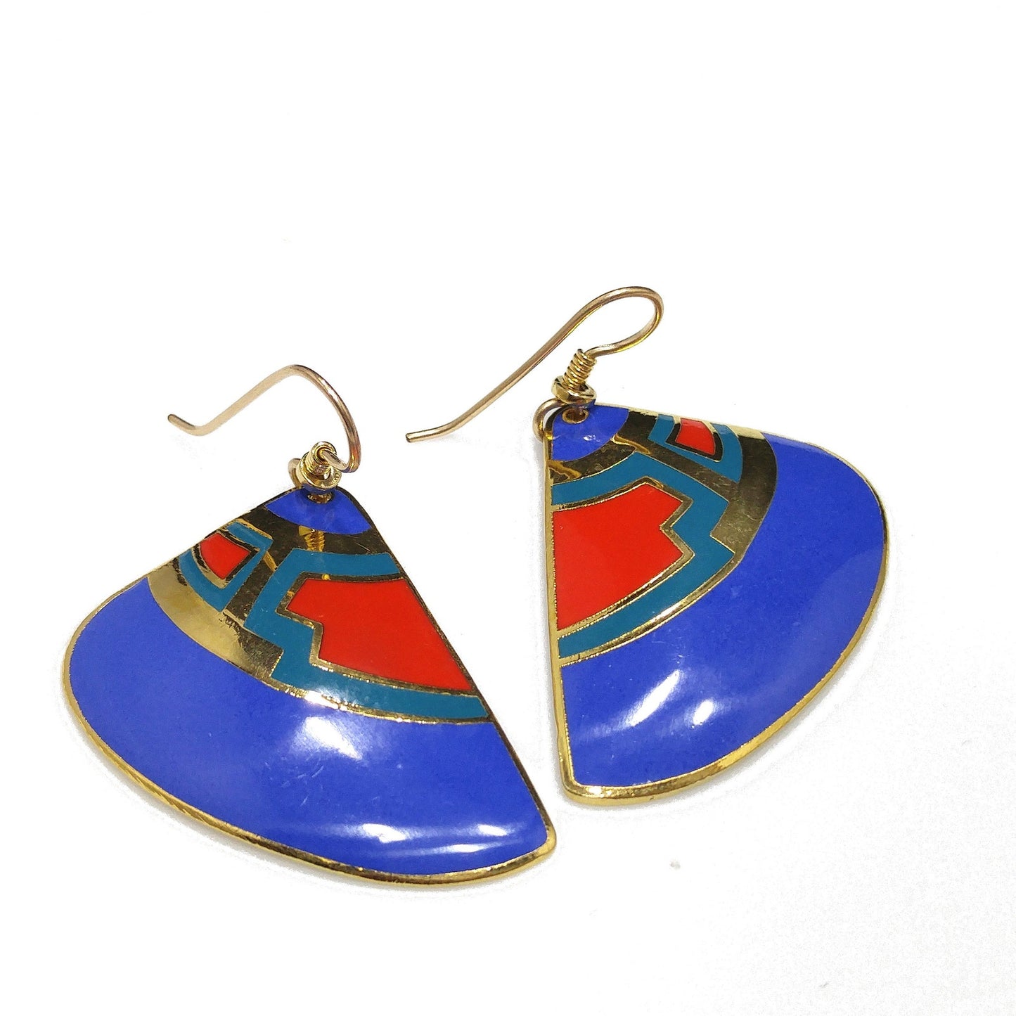 Vintage Laurel Burch Fan Earrings, Blue Red Teal Enamel, Gold Plated