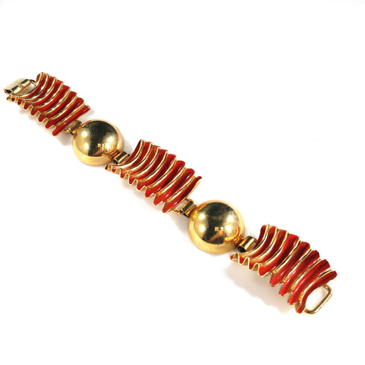 Red Enamel Ribbon Bracelet, Mid Century Modern, Gold Plated, 1950s Vintage Jewelry