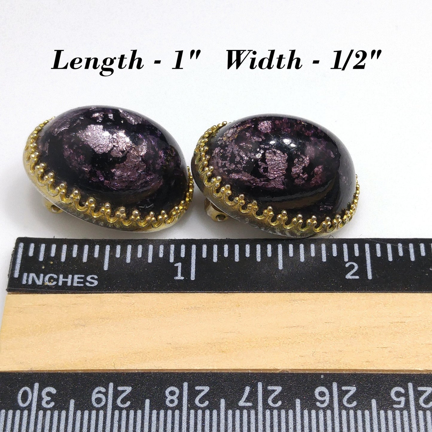 Vintage Carnegie Purple Silver Foil Glass Clip Earrings, Domed Glass, 1950s