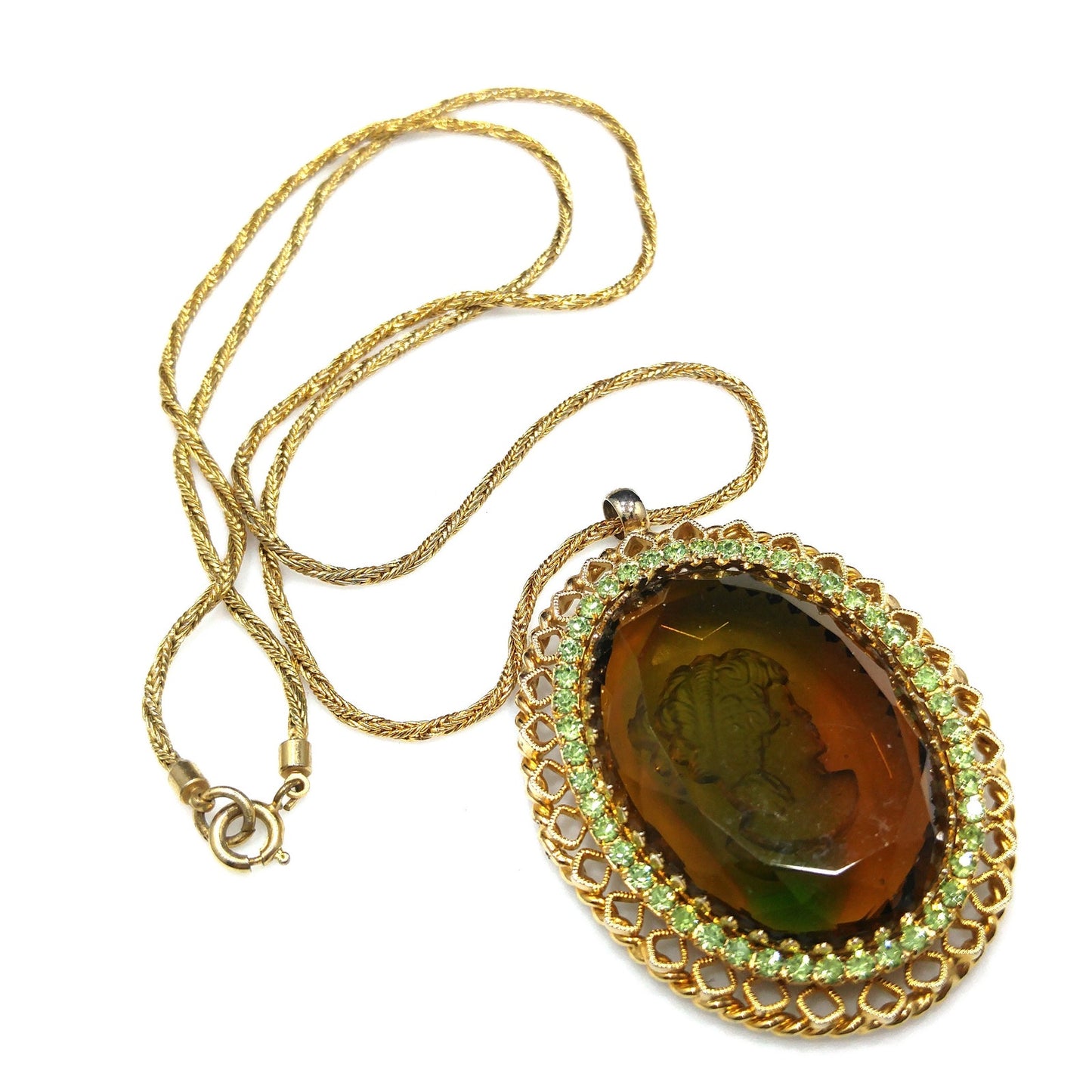 Warner Cameo Intaglio Pendant Necklace, Peridot Rhinestones, 5 Uranium Glass, 1960s Vintage Jewelry