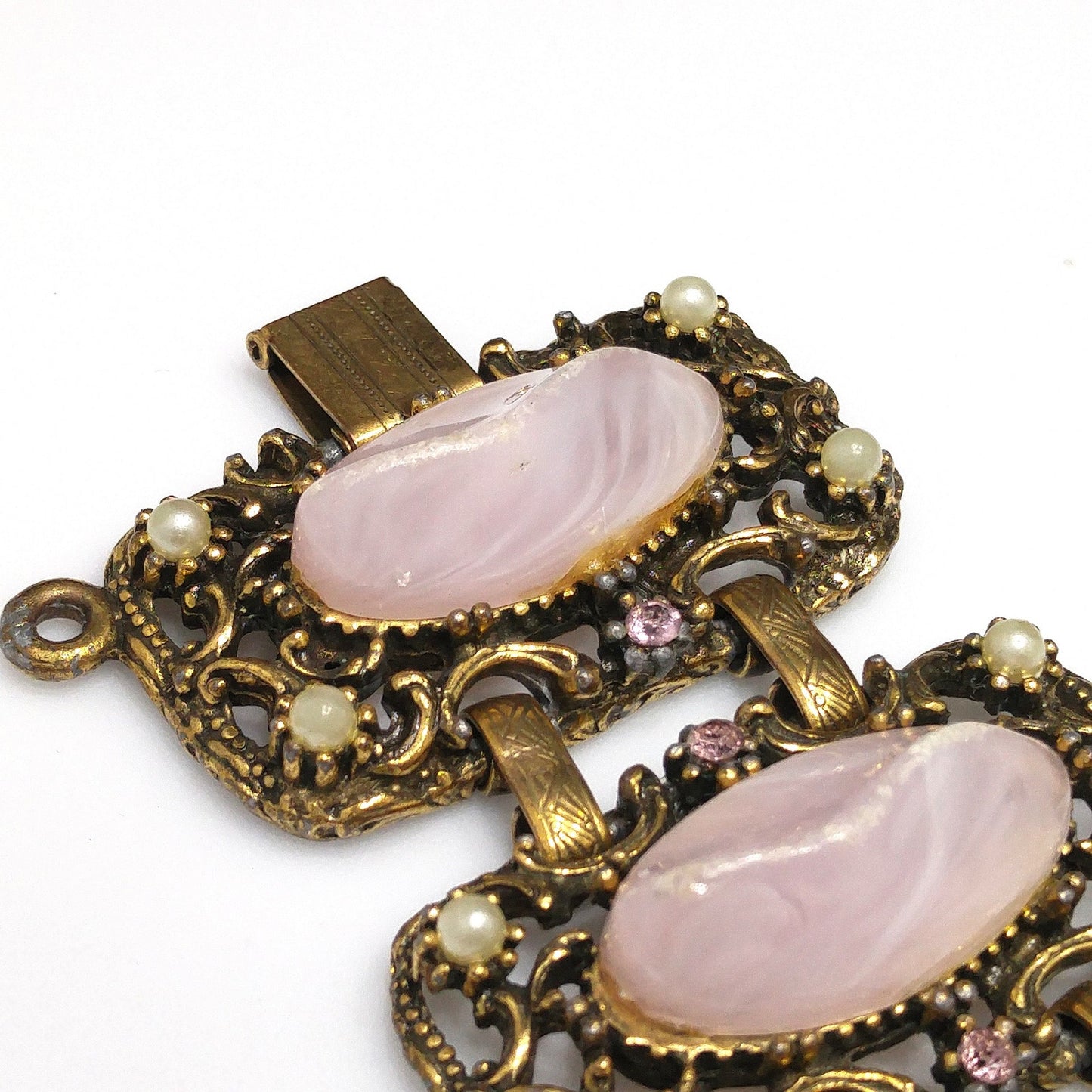 Vintage Chunky Art Glass Wide Bracelet, Pink Glass, 1940s 1950s Vintage Jewelry