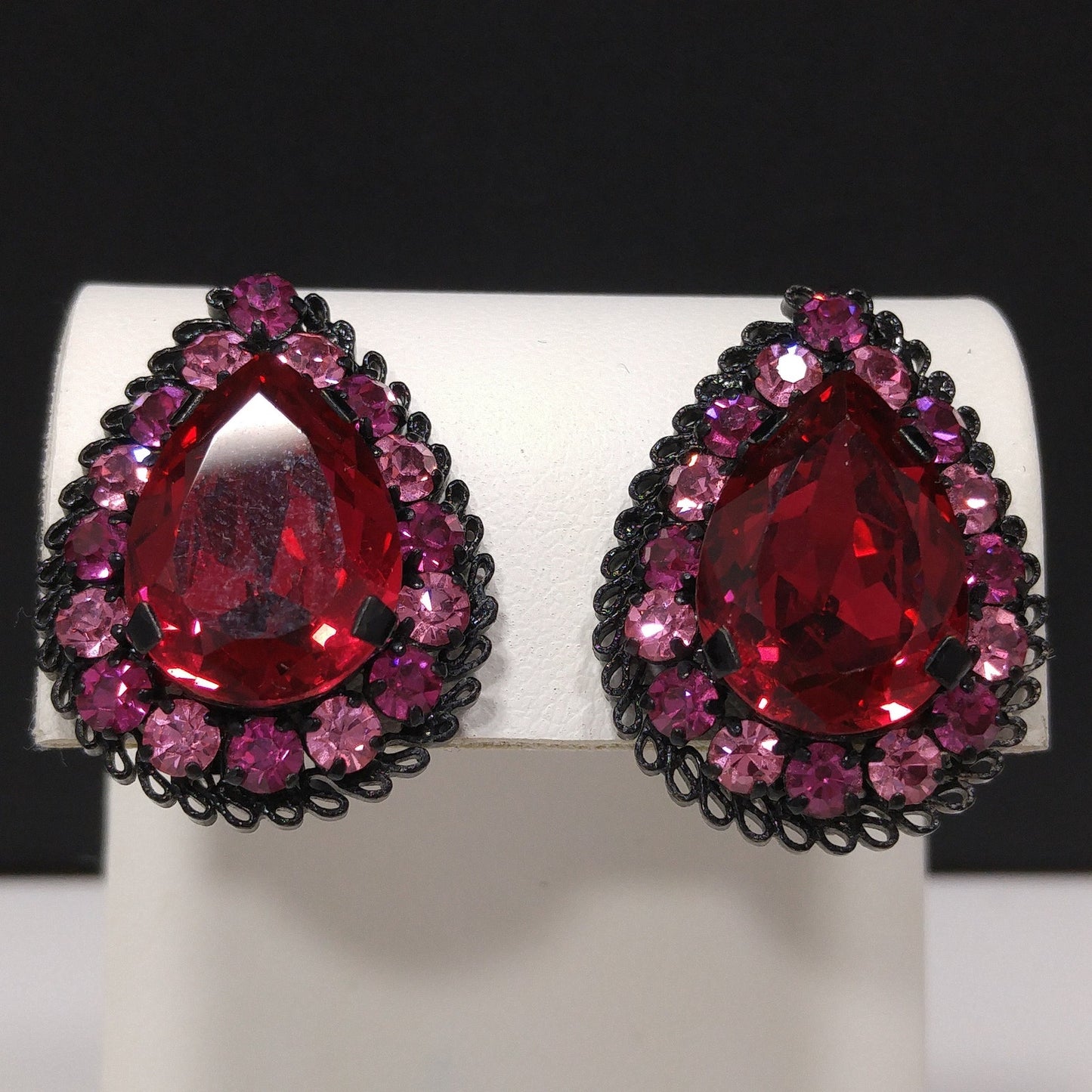 Made in Austria Red Pink Rhinestone Earrings, Japanned Black Metal, 1960s Vintage