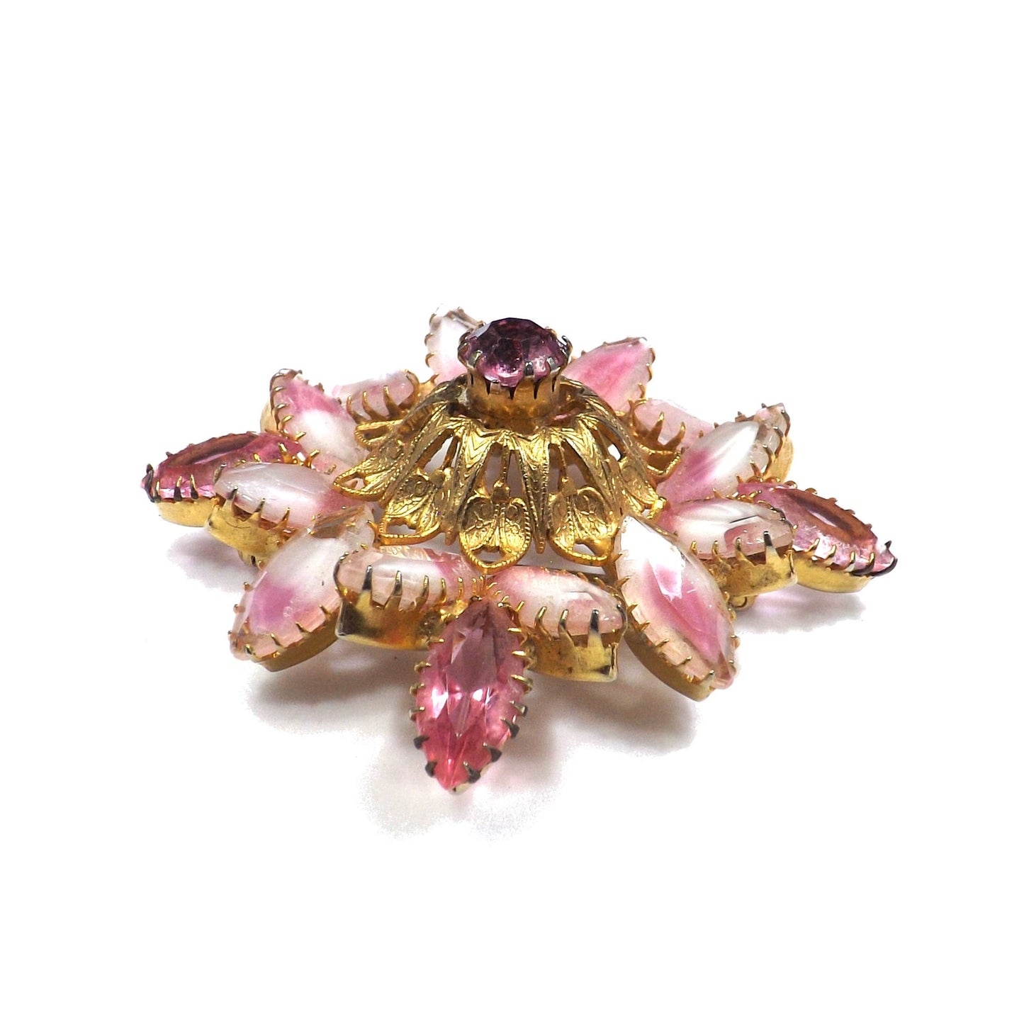 Pink Rhinestone Art Glass Domed Floral Brooch, Gold Plated Filigree, 1960s Vintage Jewelry