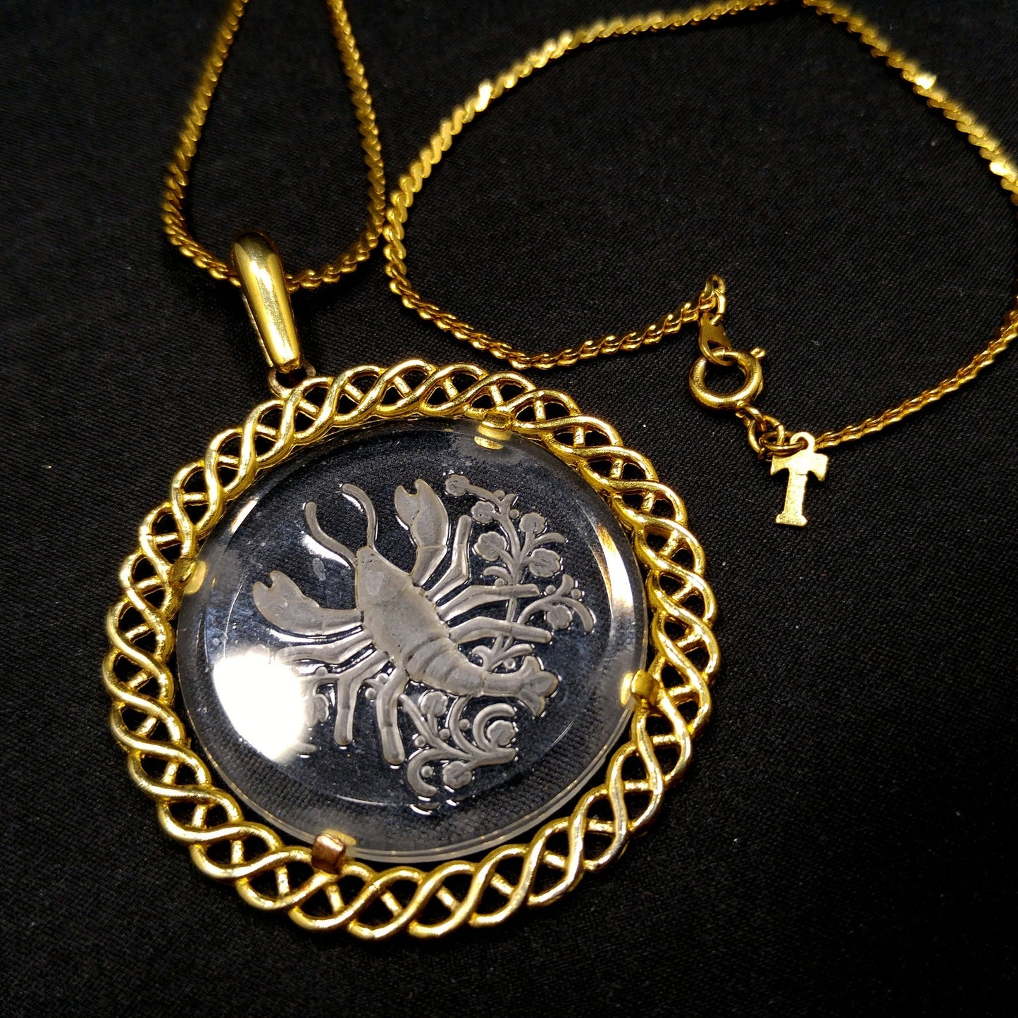 Vintage Crown Trifari Zodiac "Cancer" Necklace, Glass Intaglio Crab, Gold Plated, 1960s Vintage Jewelry