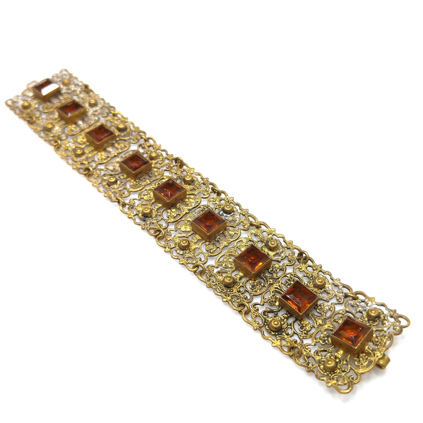 Vintage Filigree Topaz Glass Link Wide Bracelet, Built in Hook On Back, Antique 1920s Vintage Jewelry