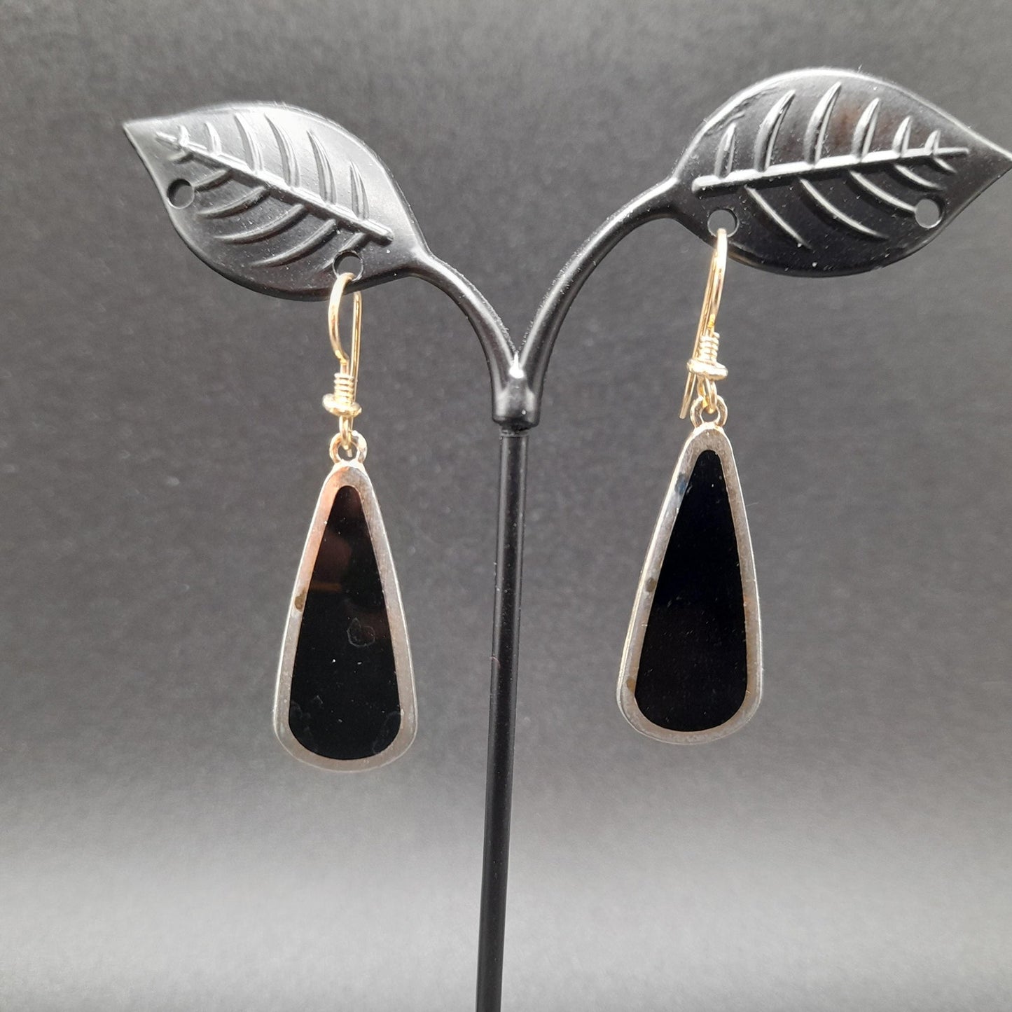 Vintage Laurel Burch Long Teardrop Black Enamel Earrings, Gold Plated 1980s