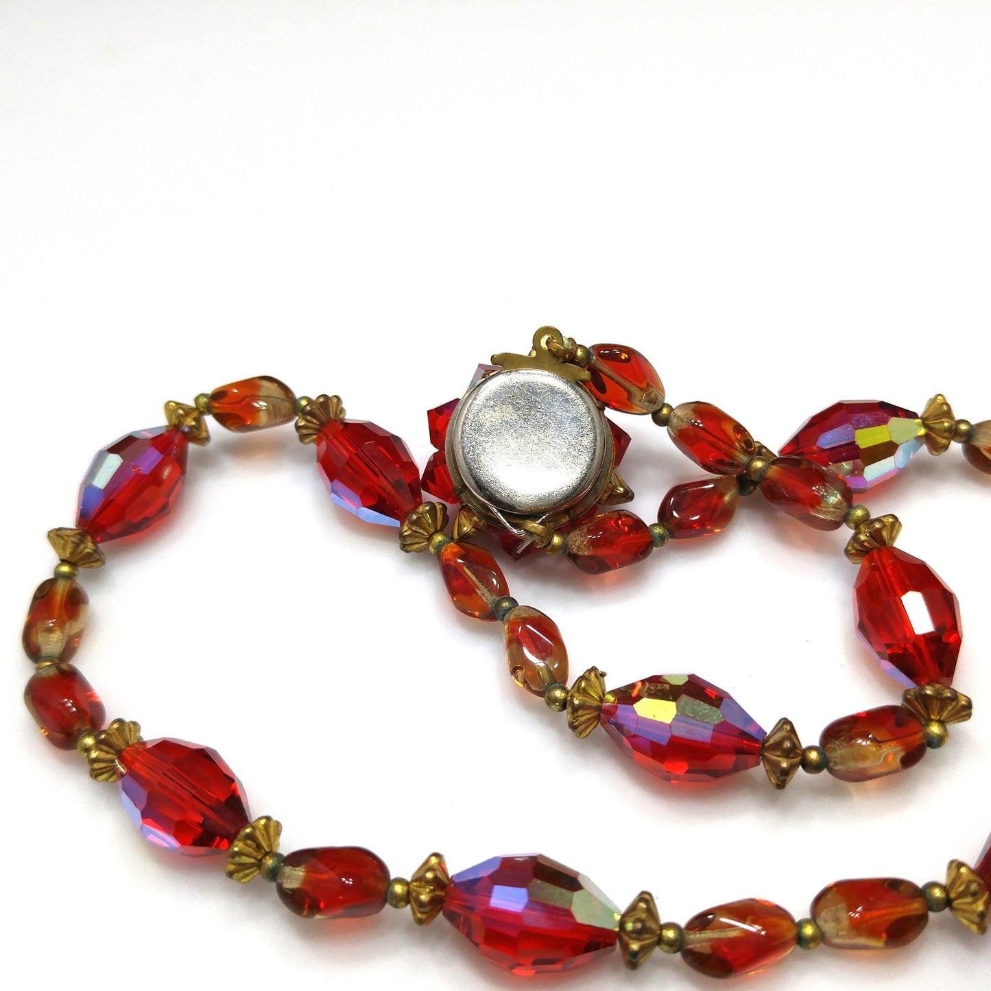 Red Aurora Borealis Beaded Necklace, Beaded Clasp, 1960s Vintage Jewelry