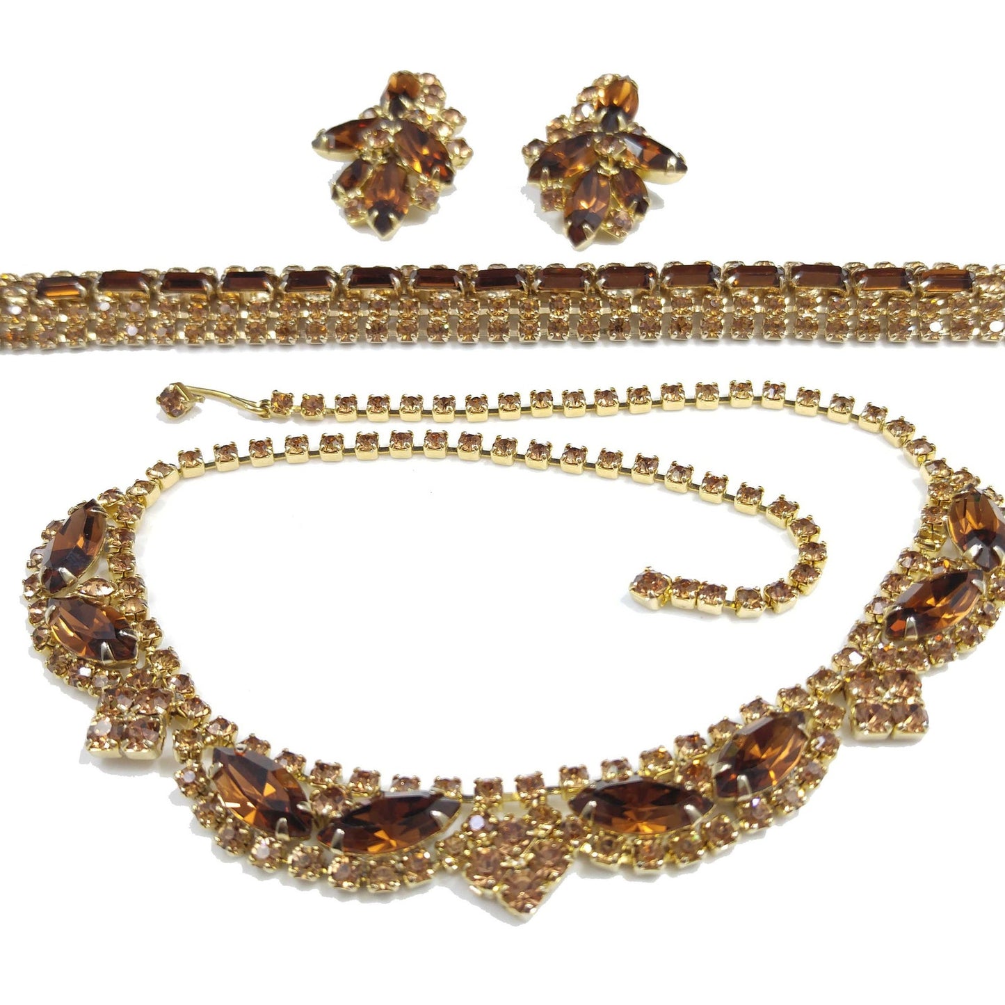 Vintage Rhinestone Jewelry Set: Necklace Bracelet Earrings, 1960s